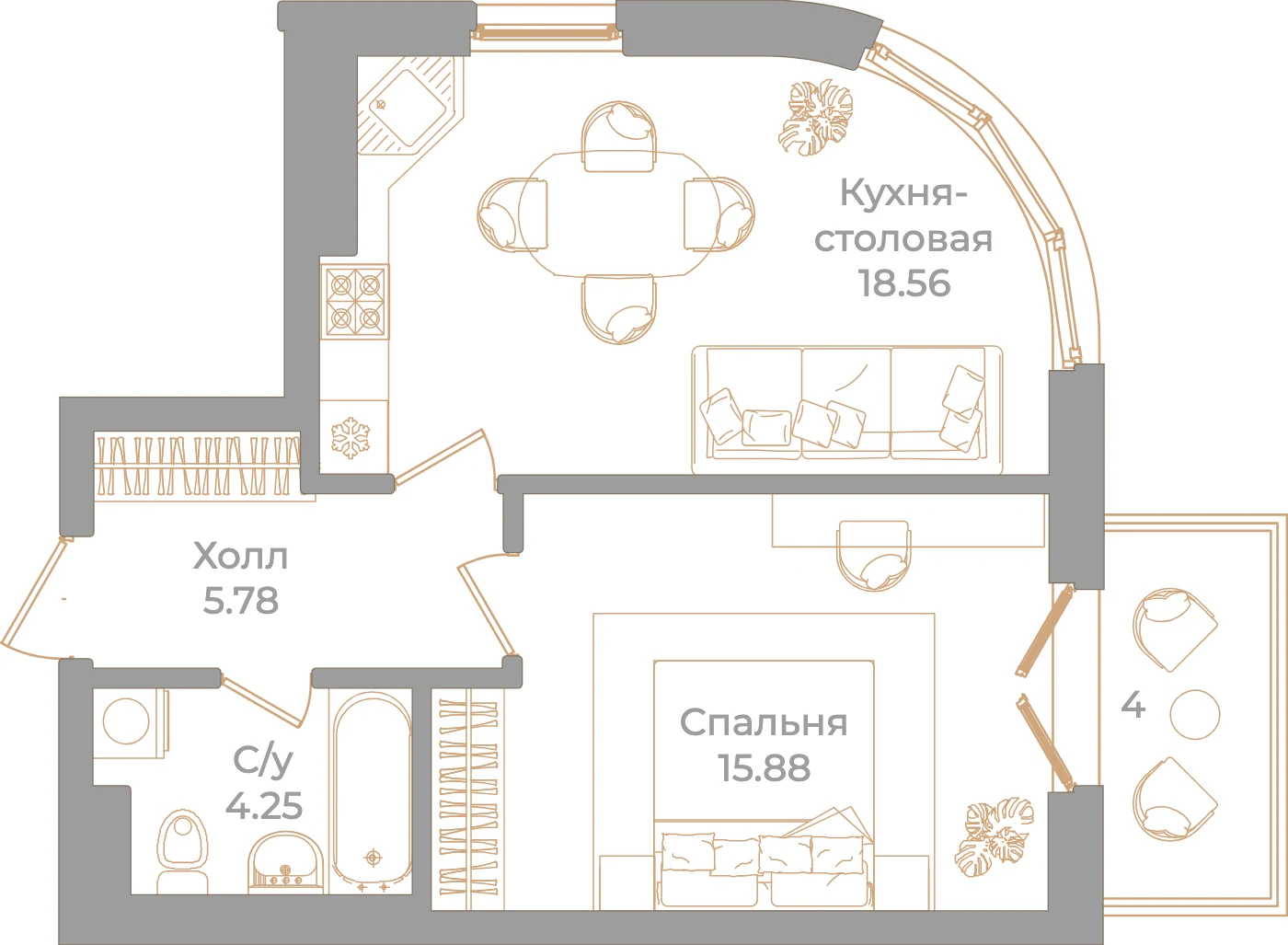Планировка 1-комнатная 45,7 м² в клубном доме «Фонтанка 130» — Клубный дом «Фонтанка 130»
