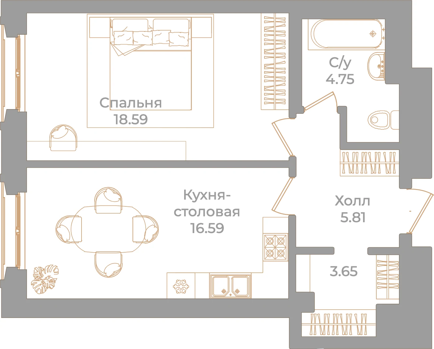 Планировка 1-комнатная 49,4 м² в клубном доме «Фонтанка 130» — Клубный дом «Фонтанка 130»