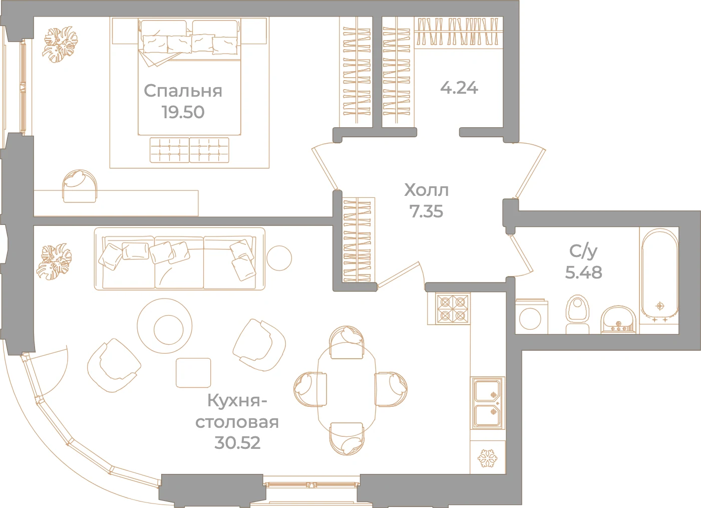 Планировка 1-комнатная 67,1 м² в клубном доме «Фонтанка 130» — Клубный дом «Фонтанка 130»