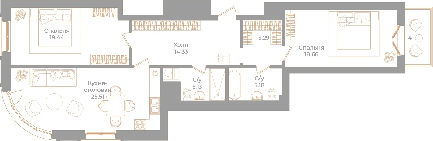 Планировка 2-комнатная 94,7 м² в клубном доме «Фонтанка 130» — Клубный дом «Фонтанка 130»