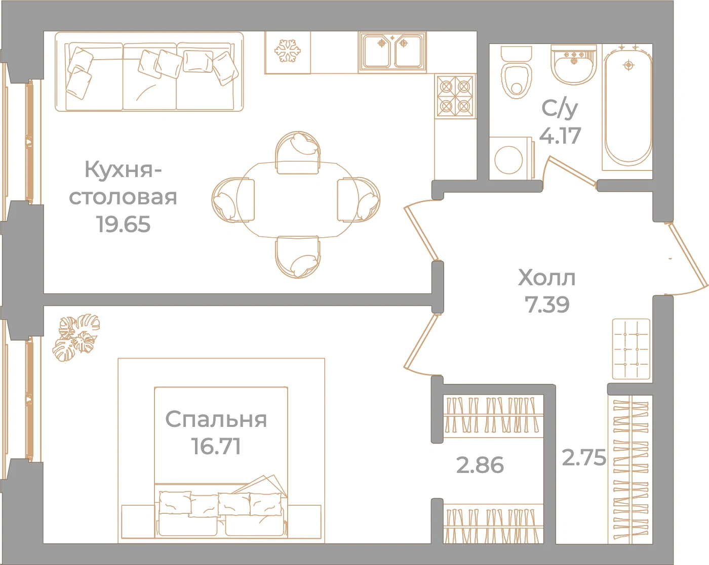 Планировка 1-комнатная 53,5 м² в клубном доме «Фонтанка 130» — Клубный дом «Фонтанка 130»
