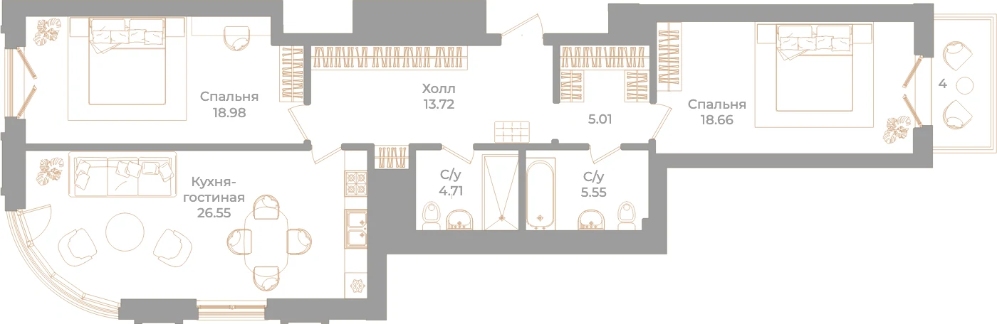 Планировка 2-комнатная 94,4 м² в клубном доме «Фонтанка 130» — Клубный дом «Фонтанка 130»