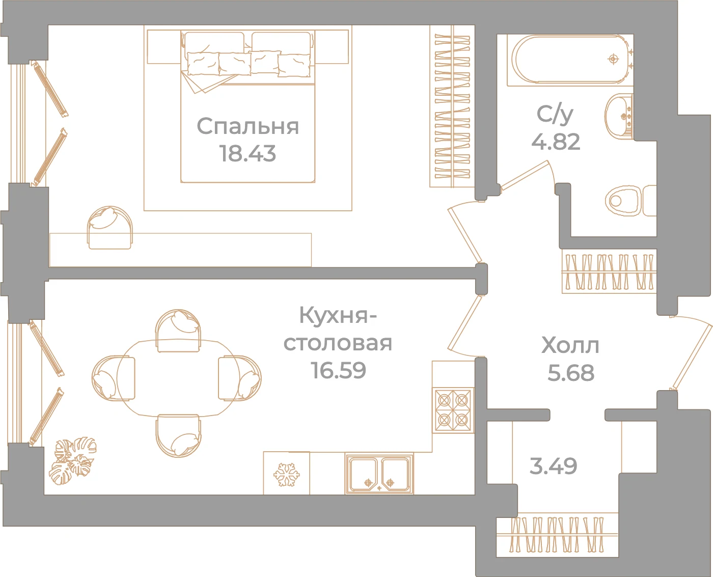 Планировка 1-комнатная 49 м² в клубном доме «Фонтанка 130» — Клубный дом «Фонтанка 130»