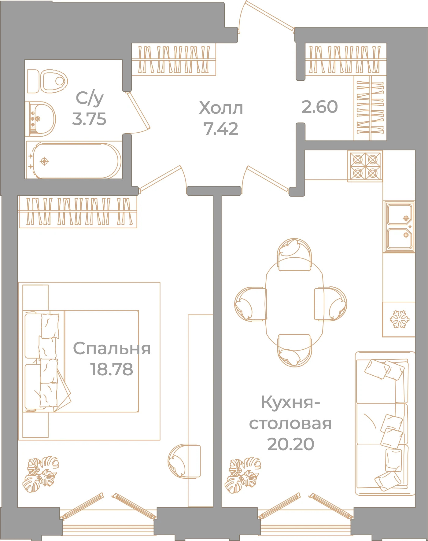 Планировка 1-комнатная 52,8 м² в клубном доме «Фонтанка 130» — Клубный дом «Фонтанка 130»