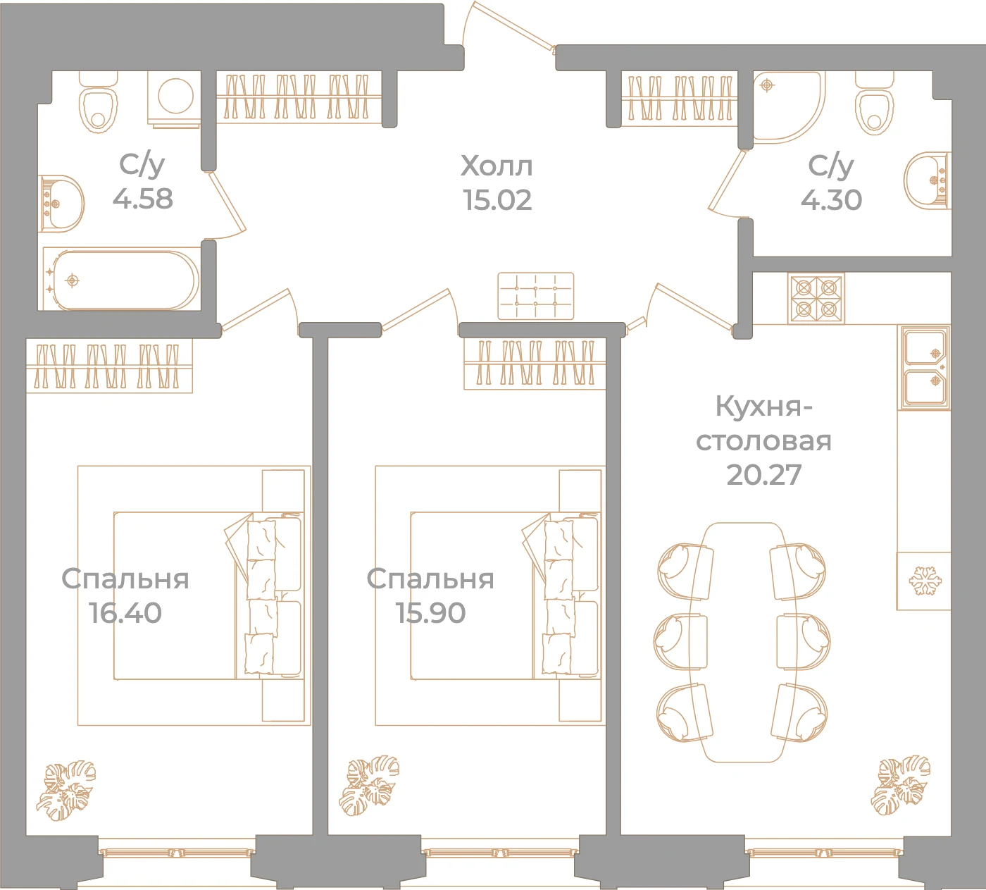 Планировка 2-комнатная 76,5 м² в клубном доме «Фонтанка 130» — Клубный дом «Фонтанка 130»