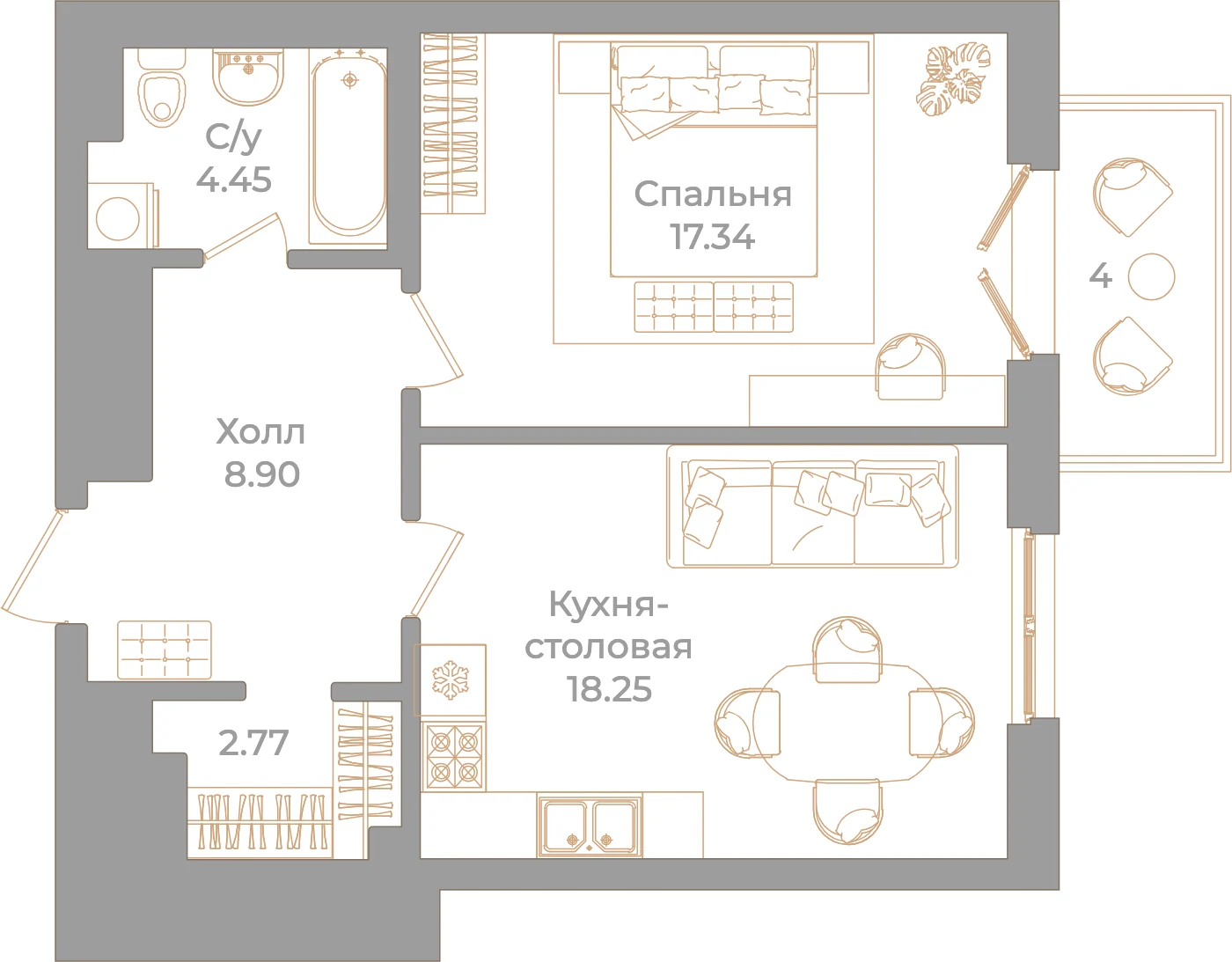Планировка 1-комнатная 52,9 м² в клубном доме «Фонтанка 130» — Клубный дом «Фонтанка 130»