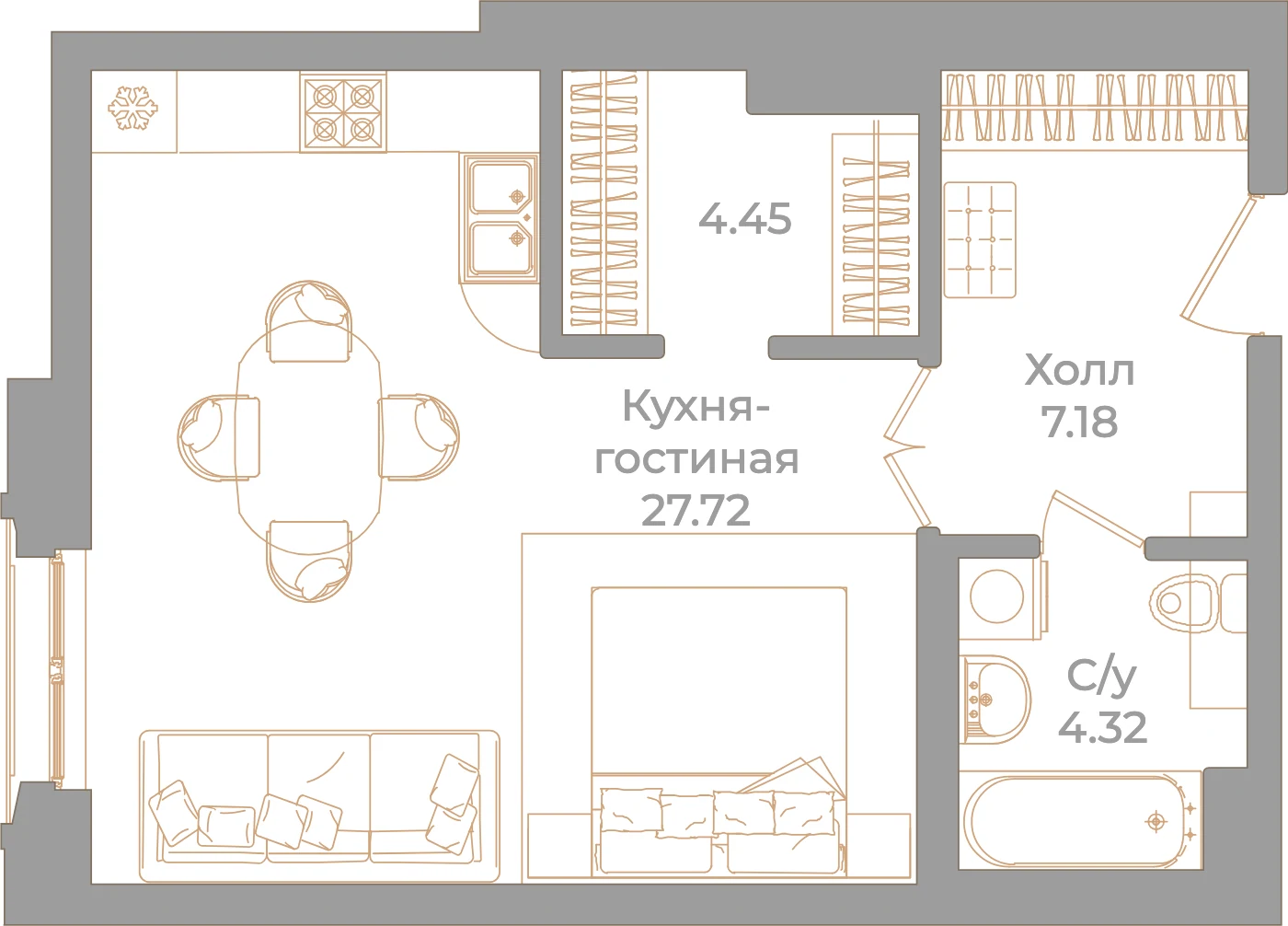 Планировка студия 43,7 м² в клубном доме «Фонтанка 130» — Клубный дом «Фонтанка 130»