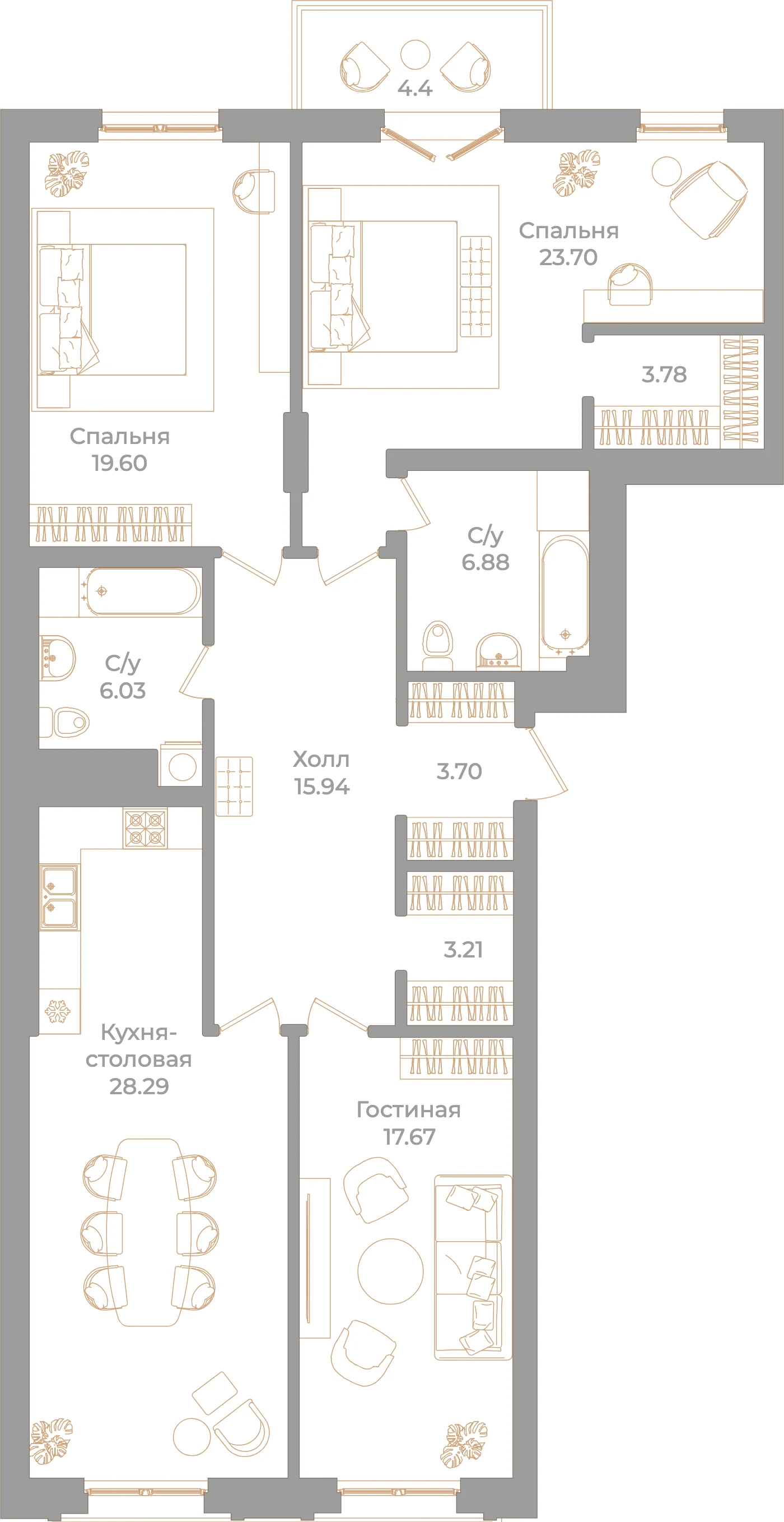Планировка 3-комнатная 130,1 м² в клубном доме «Фонтанка 130» — Клубный дом «Фонтанка 130»