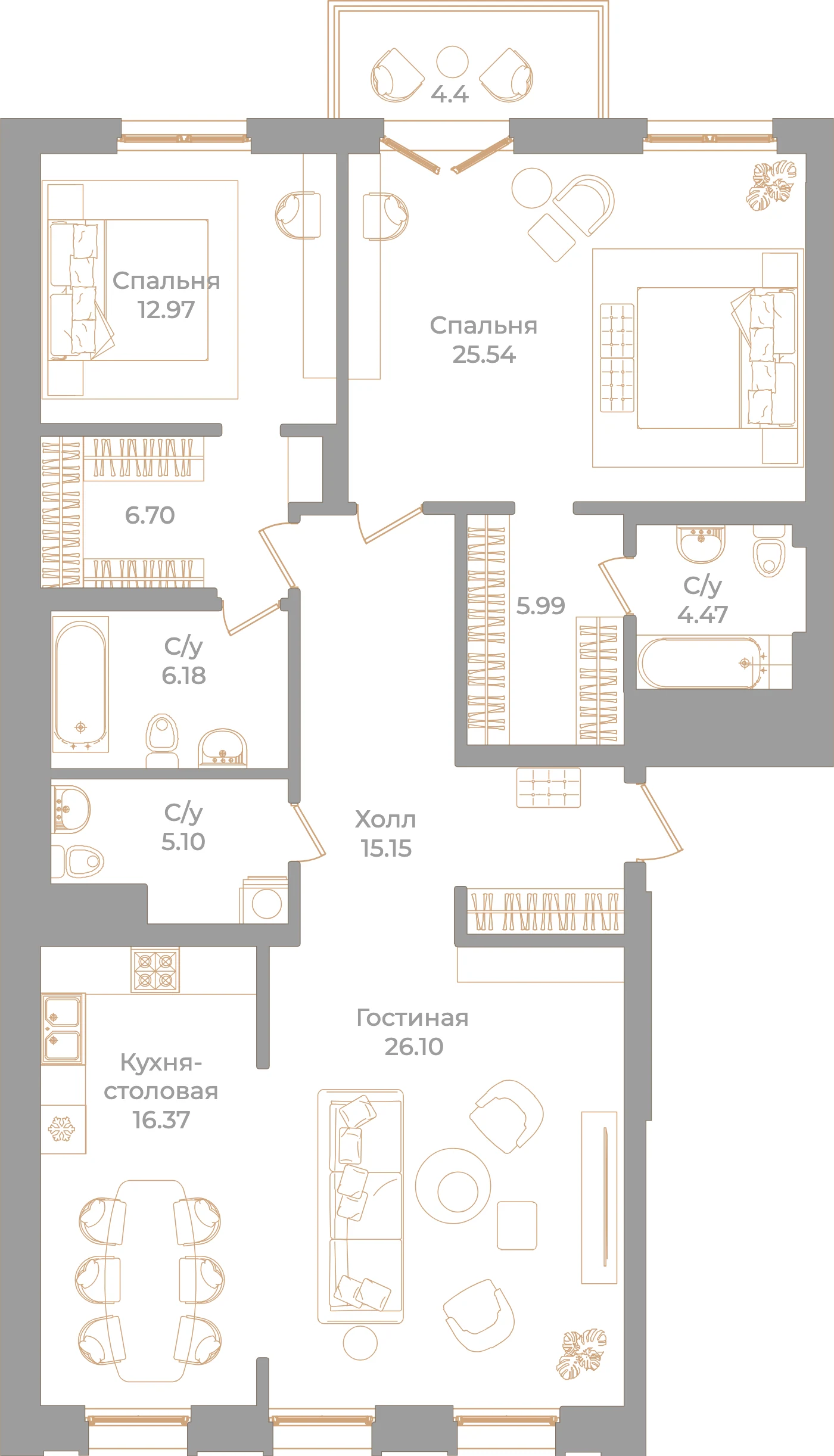 Планировка 3-комнатная 125,9 м² в клубном доме «Фонтанка 130» — Клубный дом «Фонтанка 130»