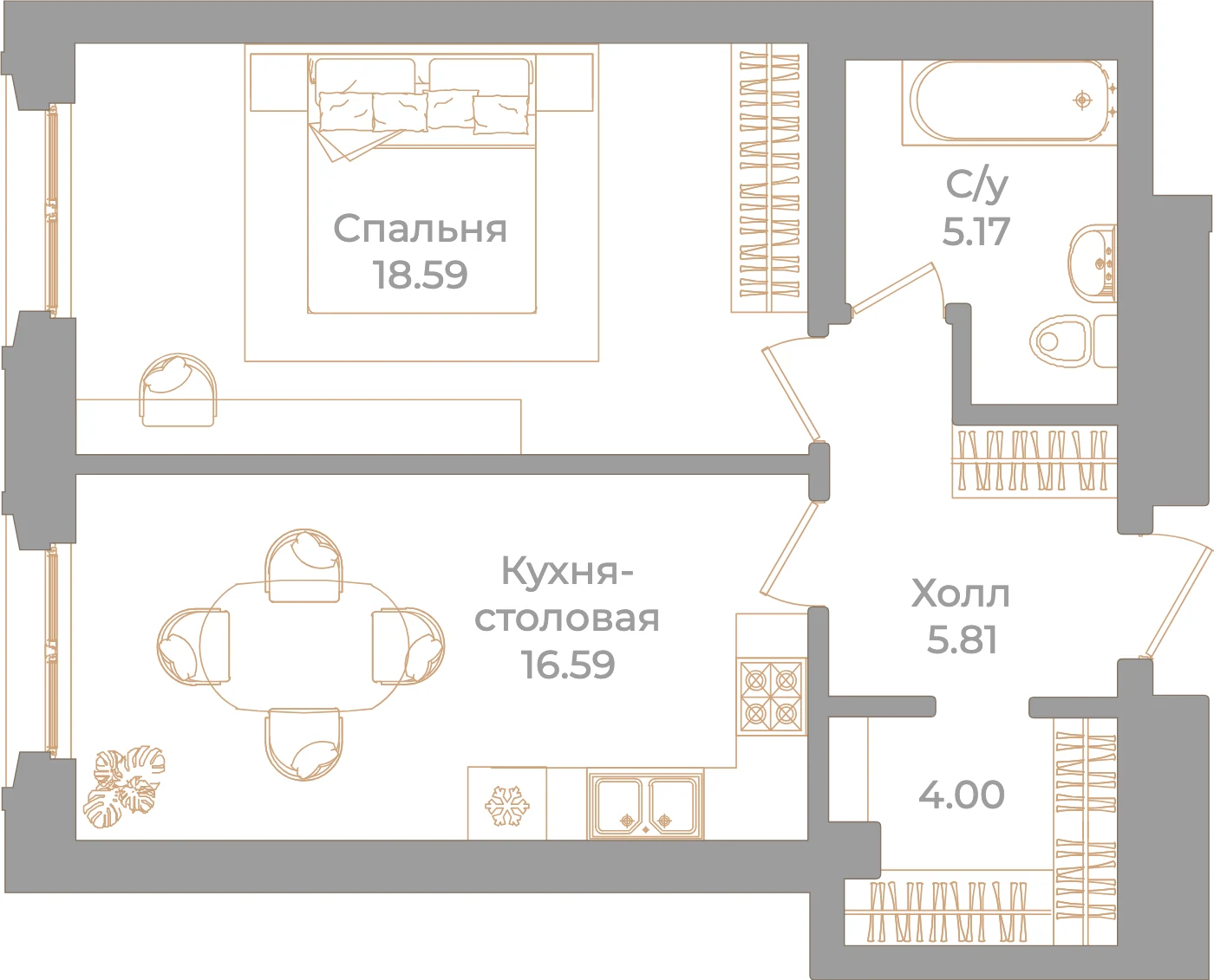 Планировка 1-комнатная 50,2 м² в клубном доме «Фонтанка 130» — Клубный дом «Фонтанка 130»