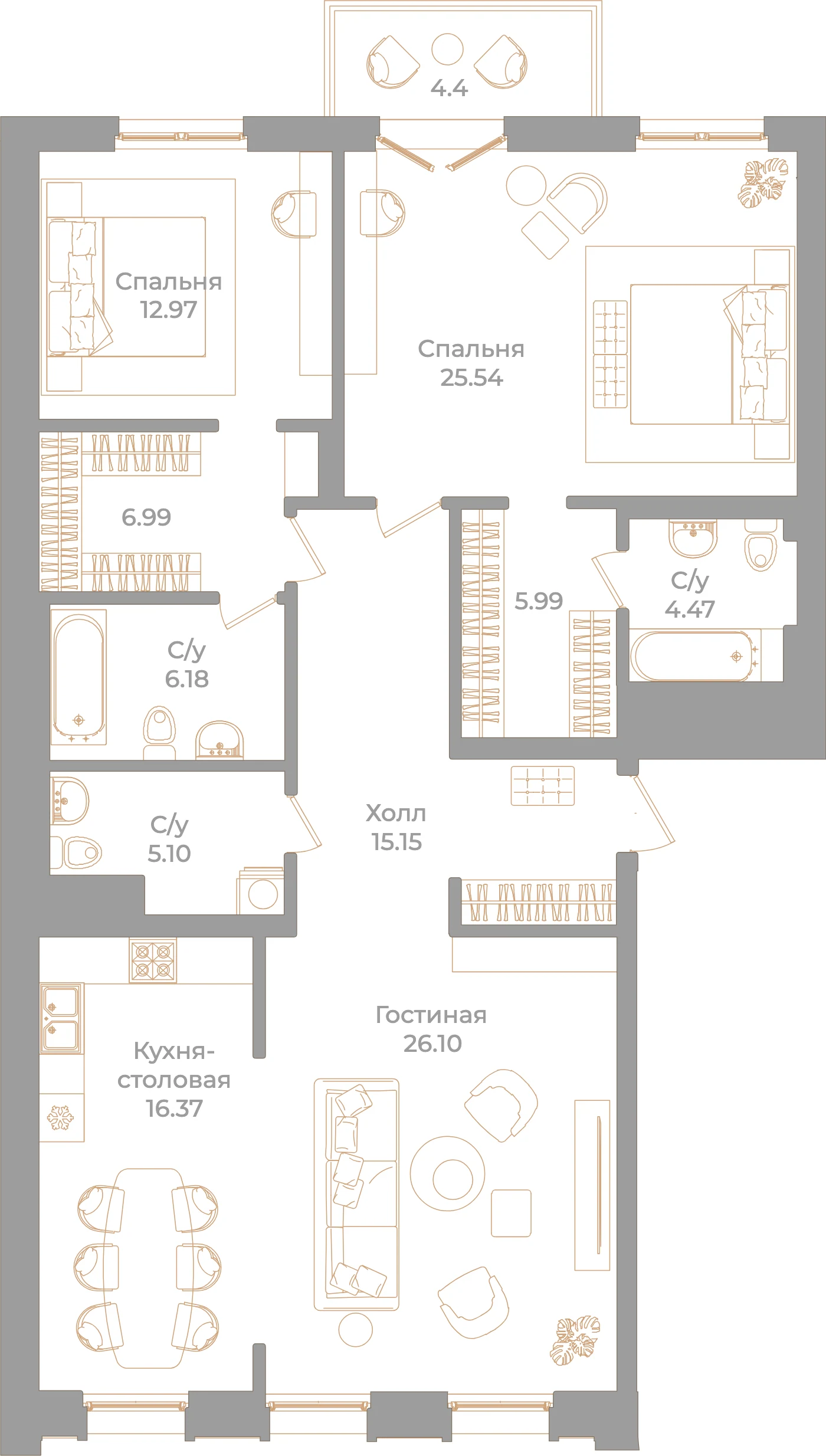 Планировка 3-комнатная 126,2 м² в клубном доме «Фонтанка 130» — Клубный дом «Фонтанка 130»