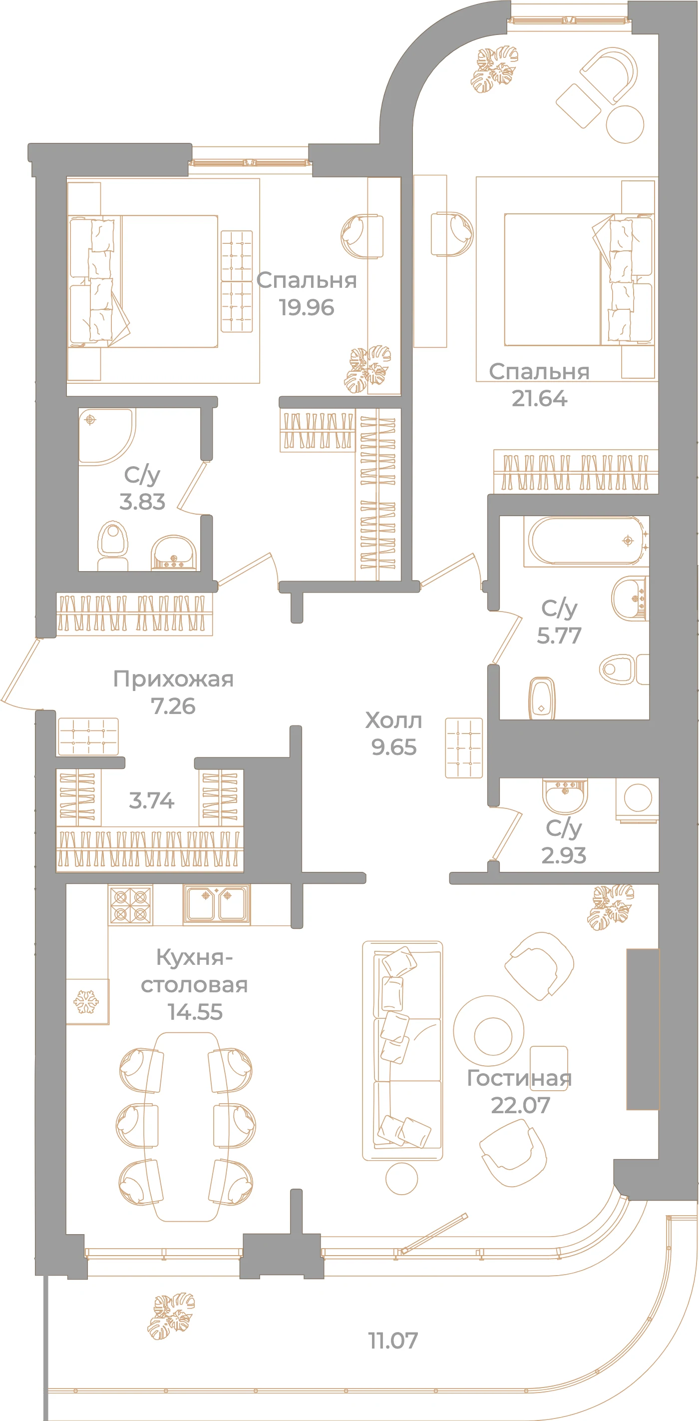 Планировка 3-комнатная 114,7 м² в клубном доме «Фонтанка 130» — Клубный дом «Фонтанка 130»