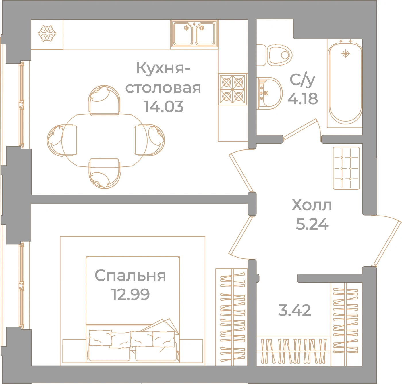 Планировка 1-комнатная 39,9 м² в клубном доме «Фонтанка 130» — Клубный дом «Фонтанка 130»