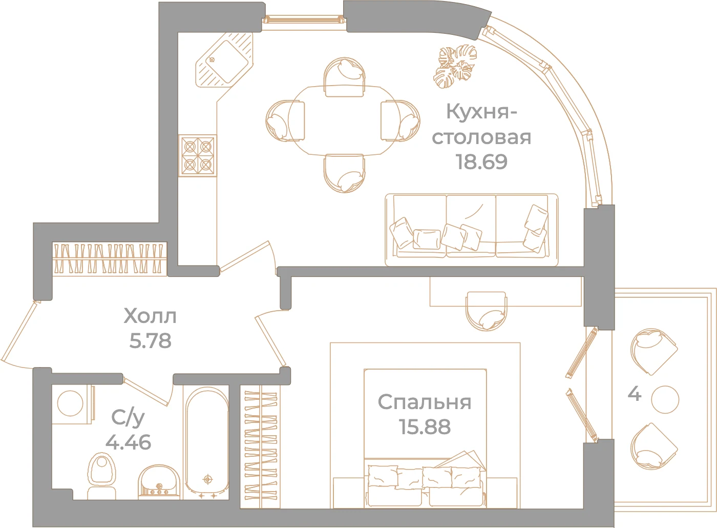 Планировка 1-комнатная 46 м² в клубном доме «Фонтанка 130» — Клубный дом «Фонтанка 130»