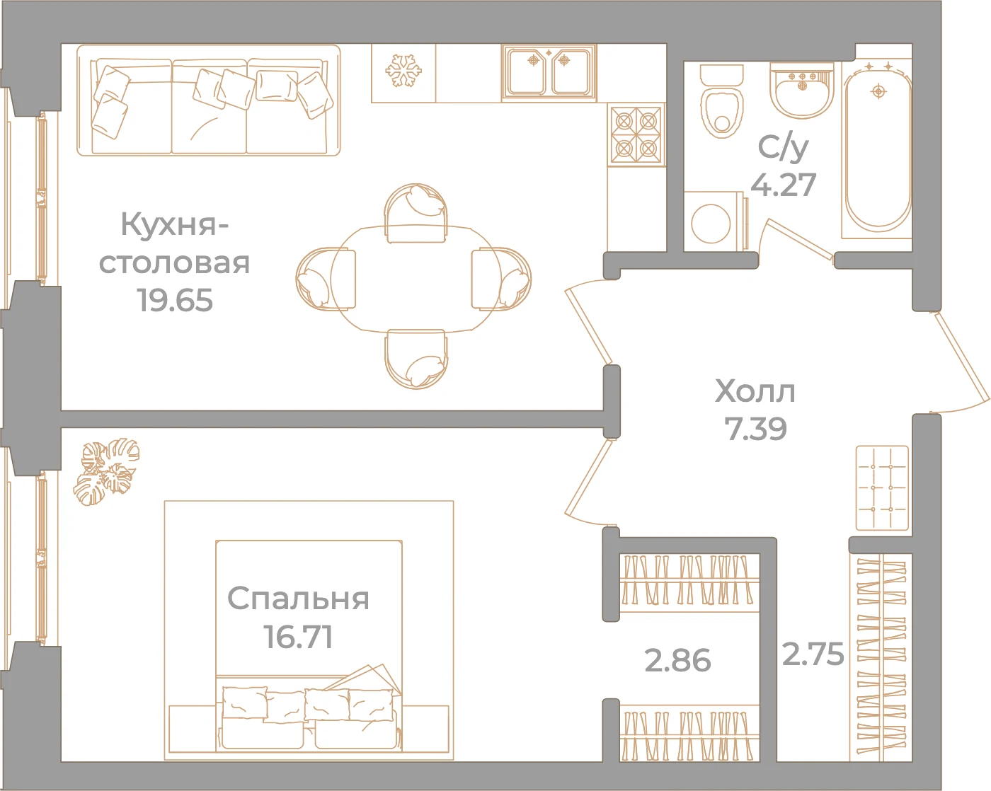 Планировка 1-комнатная 53,6 м² в клубном доме «Фонтанка 130» — Клубный дом «Фонтанка 130»