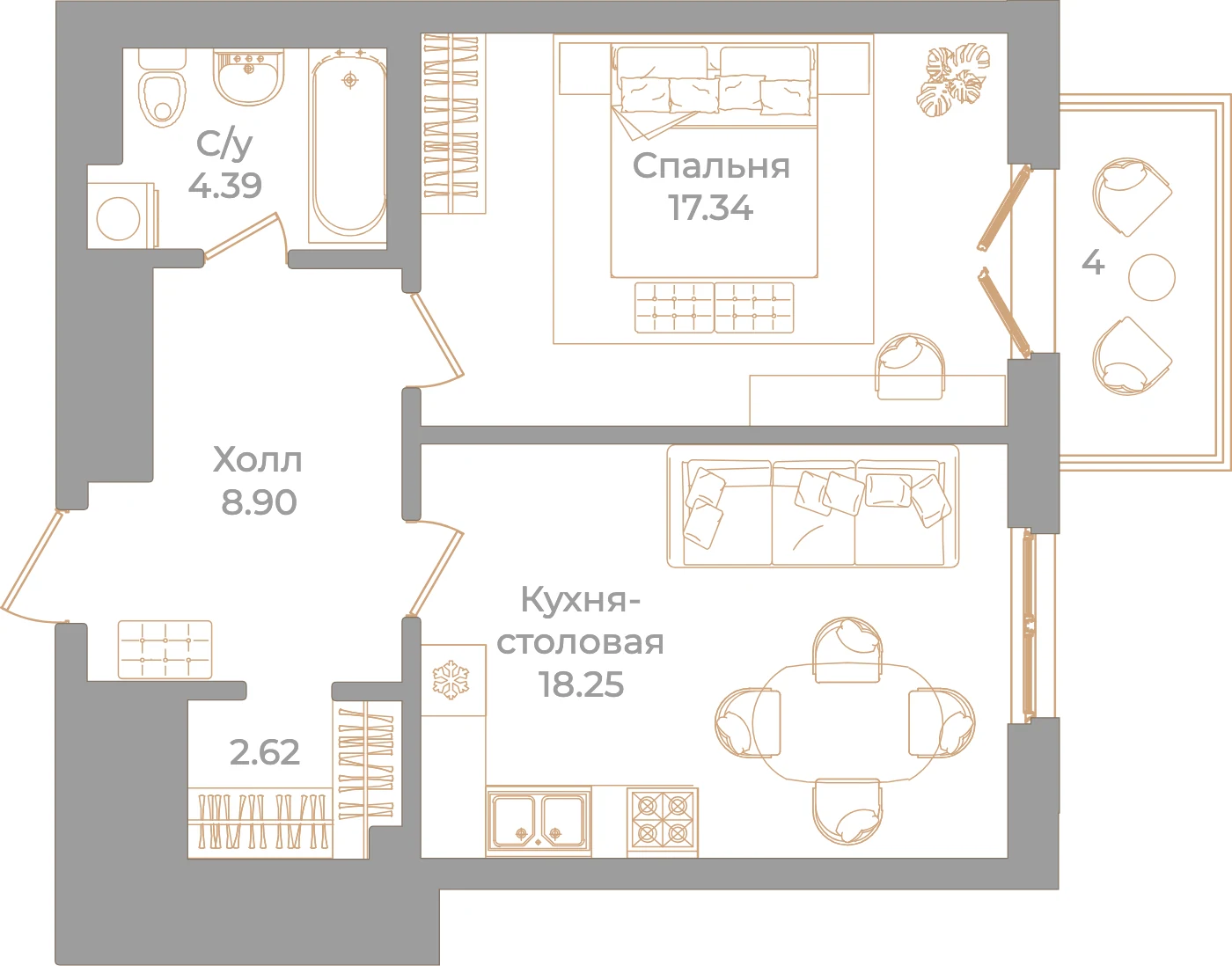 Планировка 1-комнатная 52,7 м² в клубном доме «Фонтанка 130» — Клубный дом «Фонтанка 130»