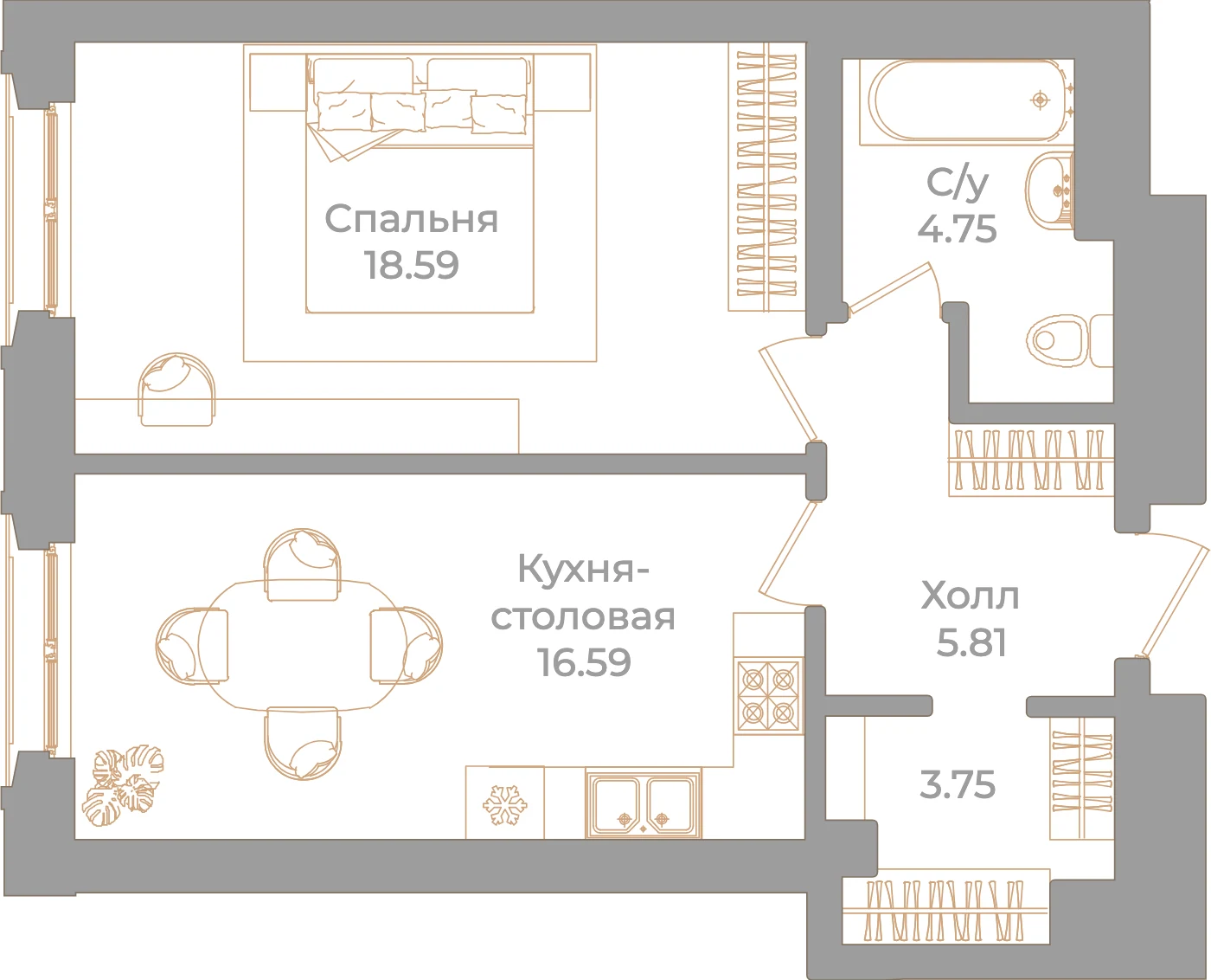 Планировка 1-комнатная 49,5 м² в клубном доме «Фонтанка 130» — Клубный дом «Фонтанка 130»
