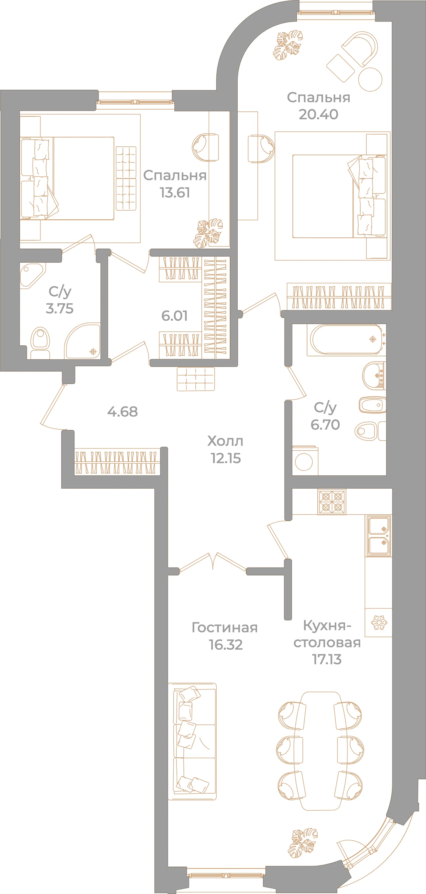 Планировка 3-комнатная 100,8 м² в клубном доме «Фонтанка 130» — Клубный дом «Фонтанка 130»