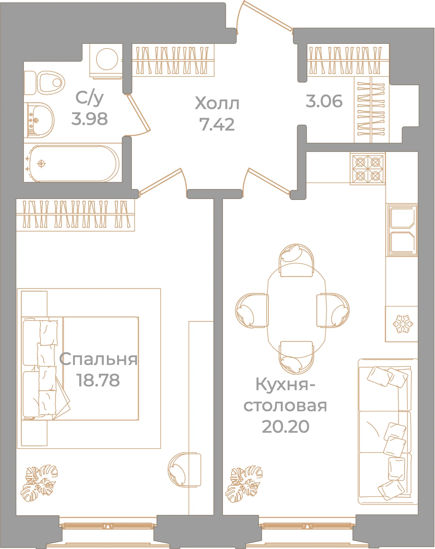 Планировка 1-комнатная 53,4 м² в клубном доме «Фонтанка 130» — Клубный дом «Фонтанка 130»