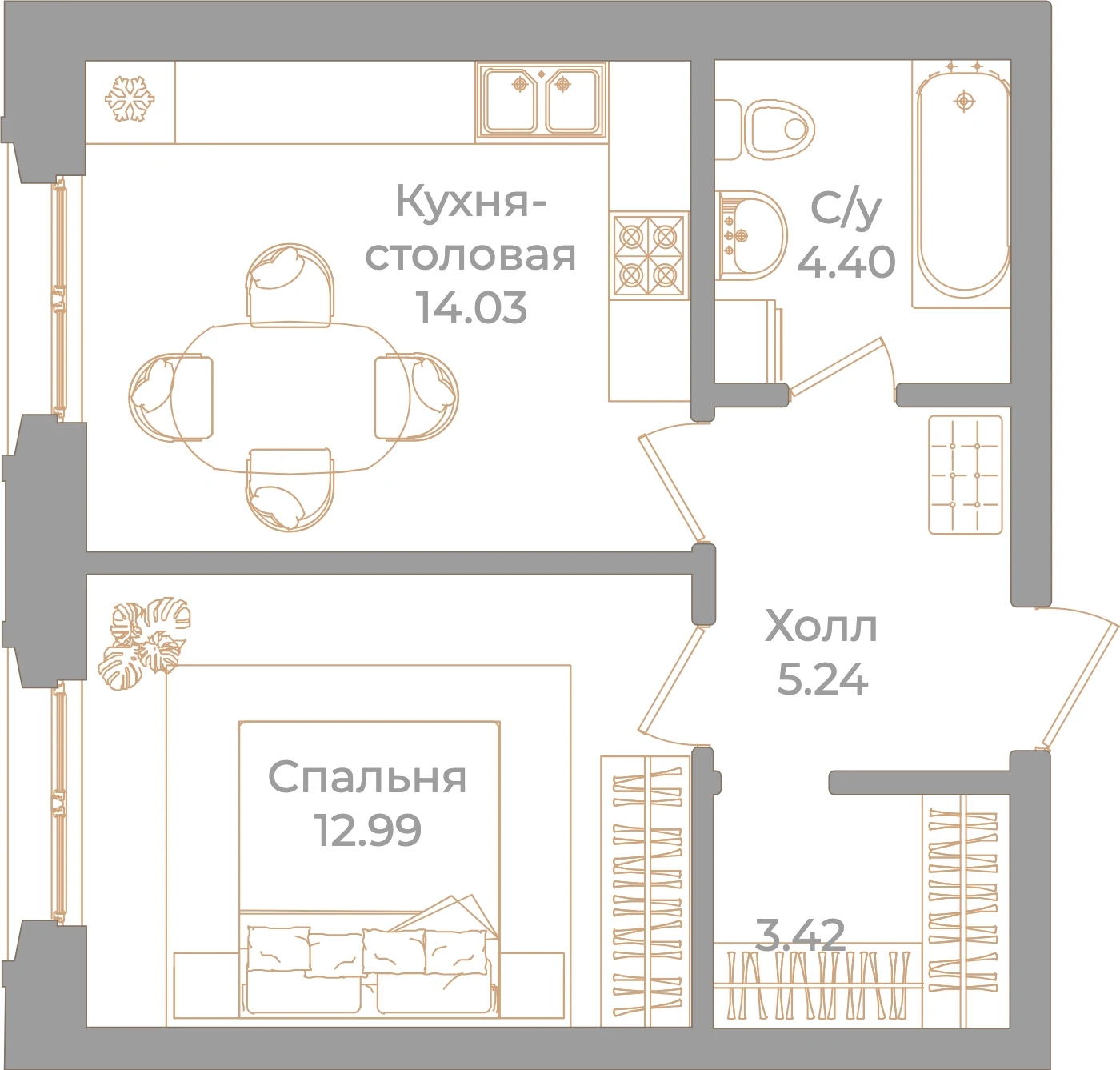 Планировка 1-комнатная 40,6 м² в клубном доме «Фонтанка 130» — Клубный дом «Фонтанка 130»