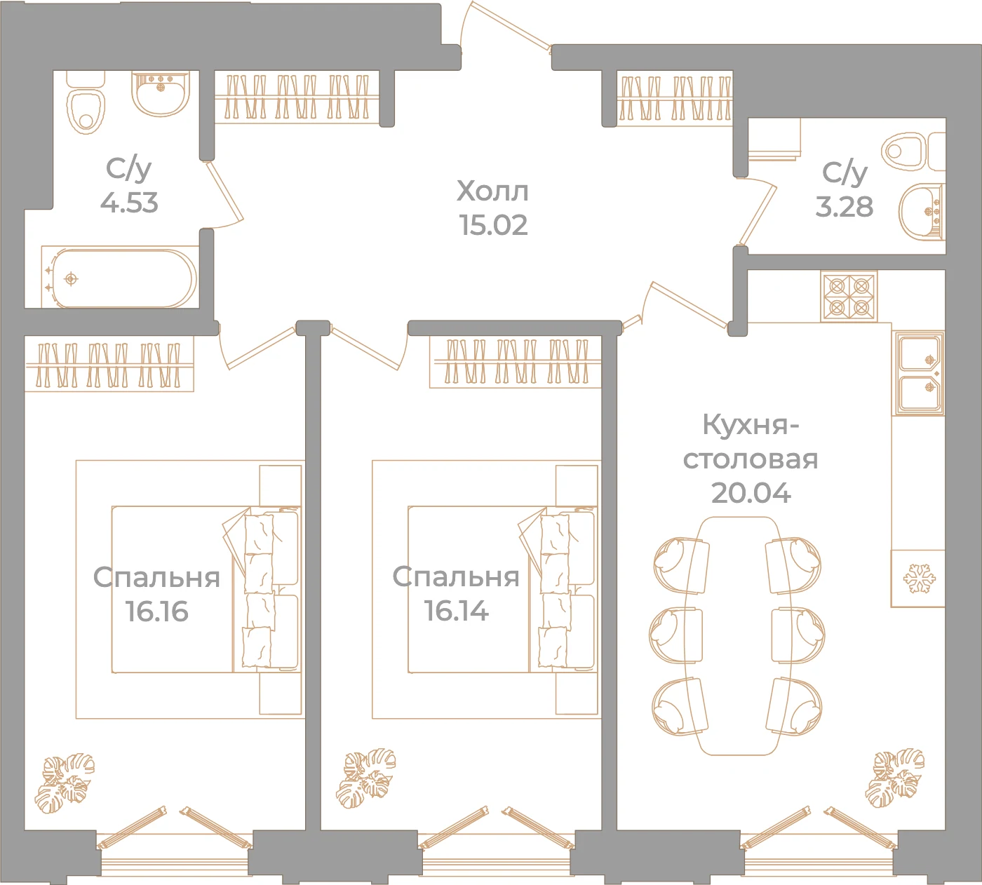 Планировка 2-комнатная 75,2 м² в клубном доме «Фонтанка 130» — Клубный дом «Фонтанка 130»