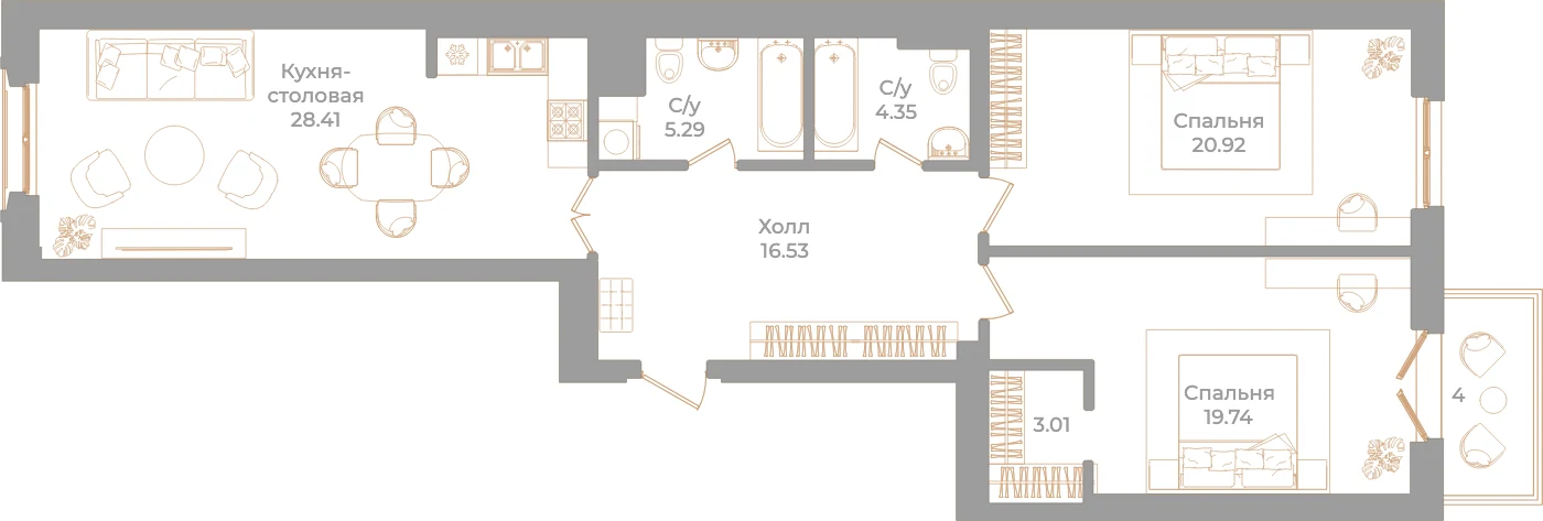 Планировка 2-комнатная 99,5 м² в клубном доме «Фонтанка 130» — Клубный дом «Фонтанка 130»