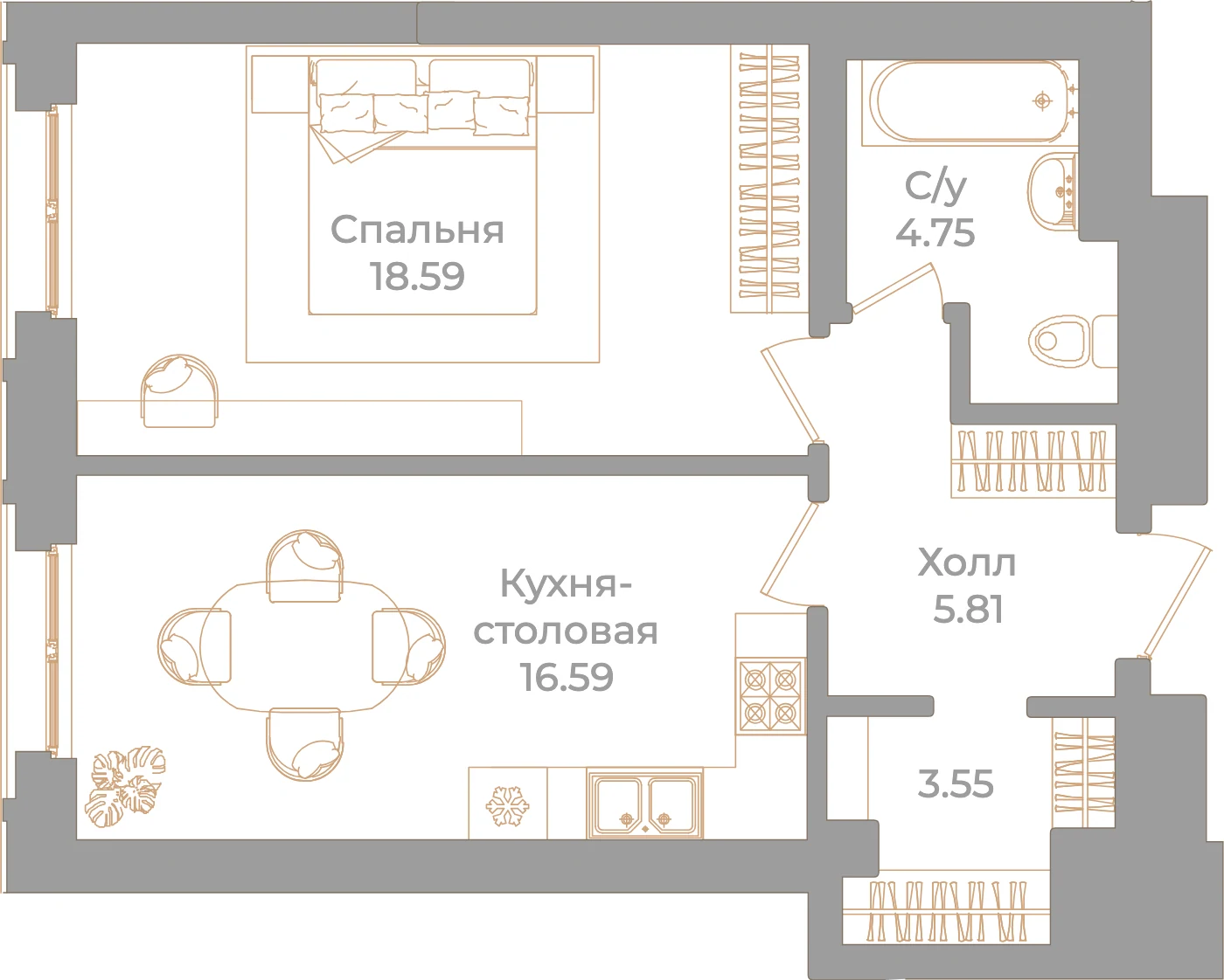 Планировка 1-комнатная 49,3 м² в клубном доме «Фонтанка 130» — Клубный дом «Фонтанка 130»