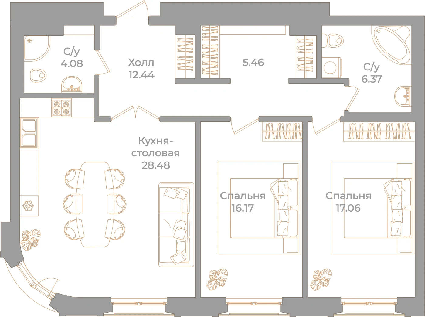 Планировка 2-комнатная 90,1 м² в клубном доме «Фонтанка 130» — Клубный дом «Фонтанка 130»