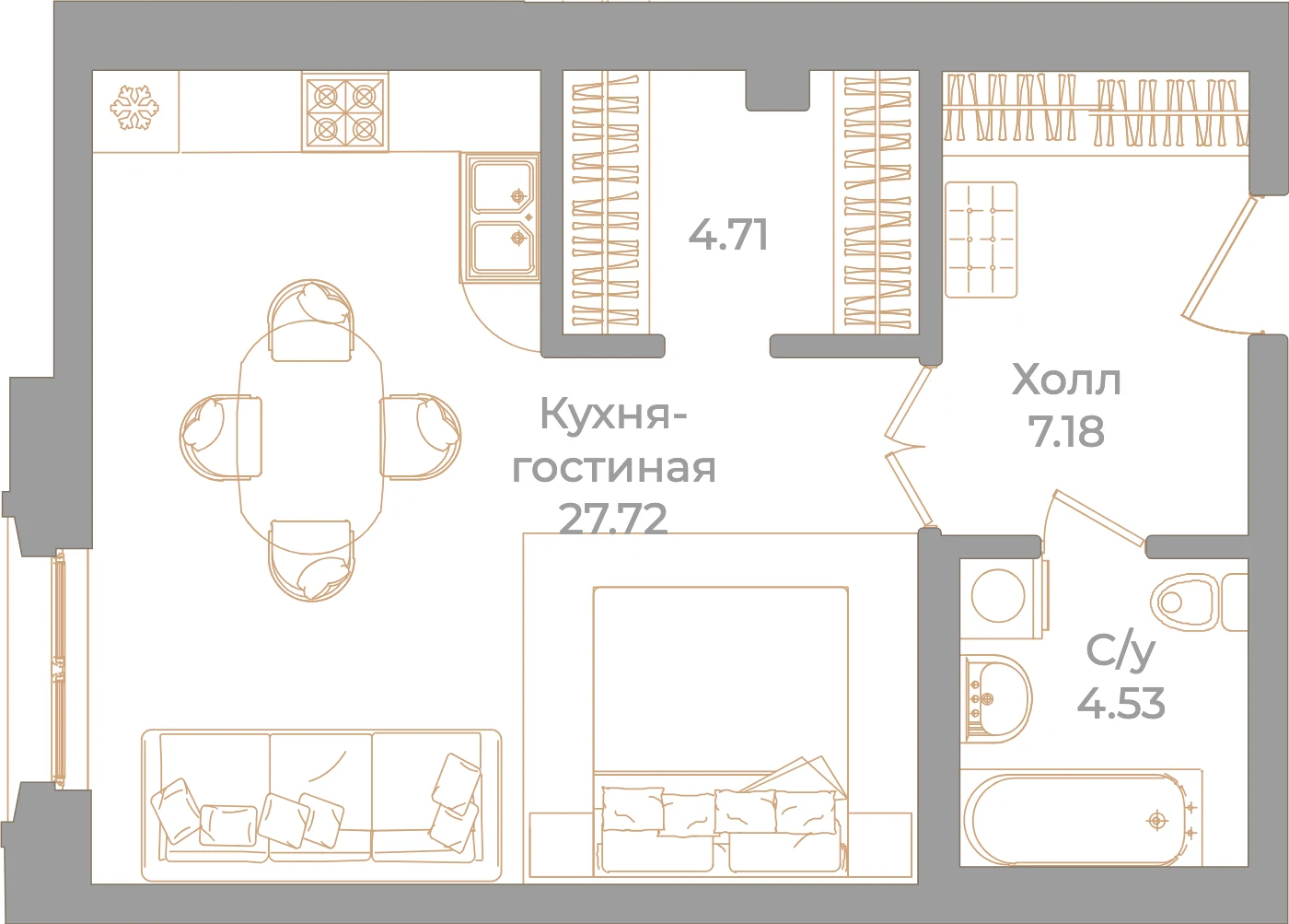 Планировка студия 44,1 м² в клубном доме «Фонтанка 130» — Клубный дом «Фонтанка 130»