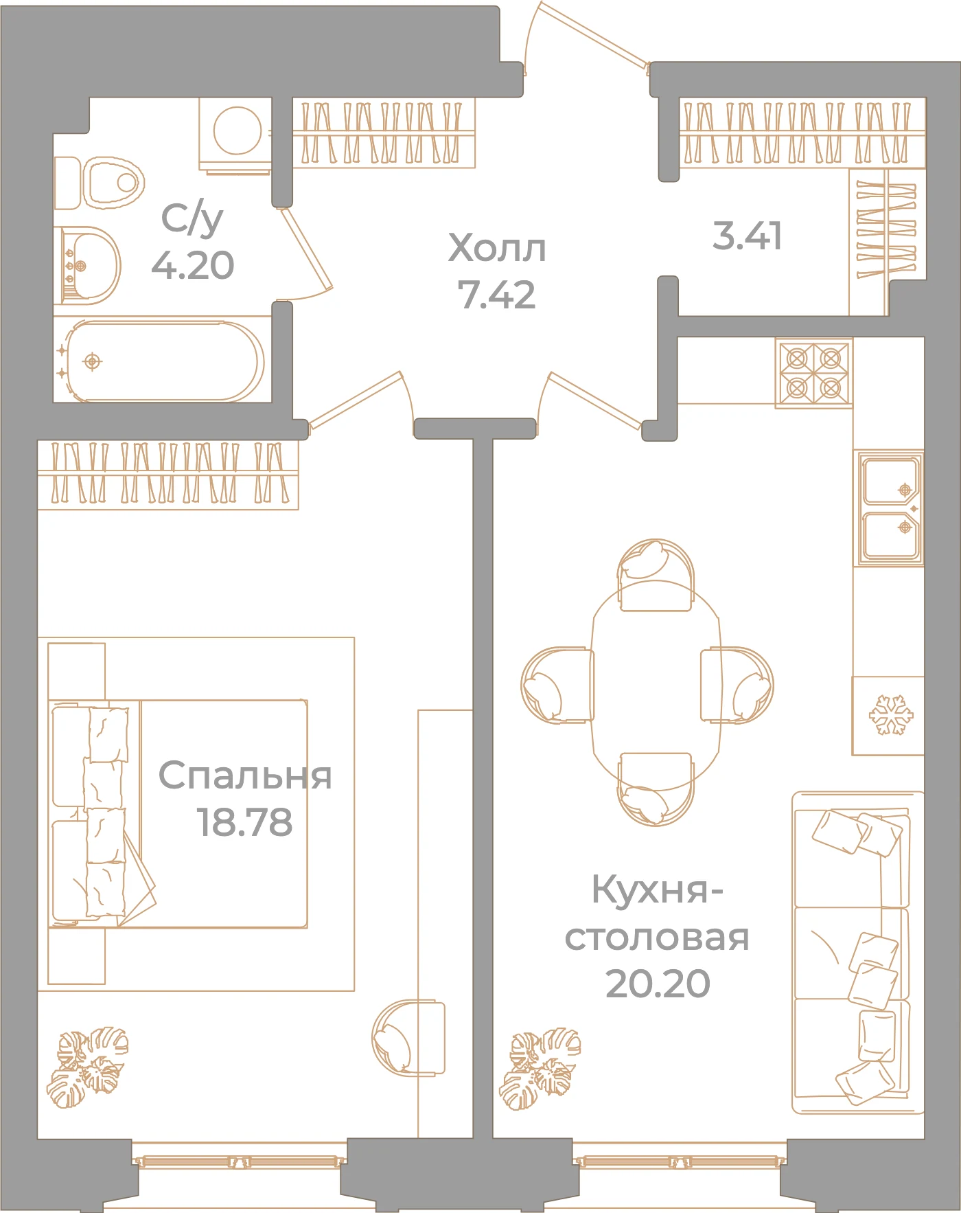 Планировка 1-комнатная 54 м² в клубном доме «Фонтанка 130» — Клубный дом «Фонтанка 130»