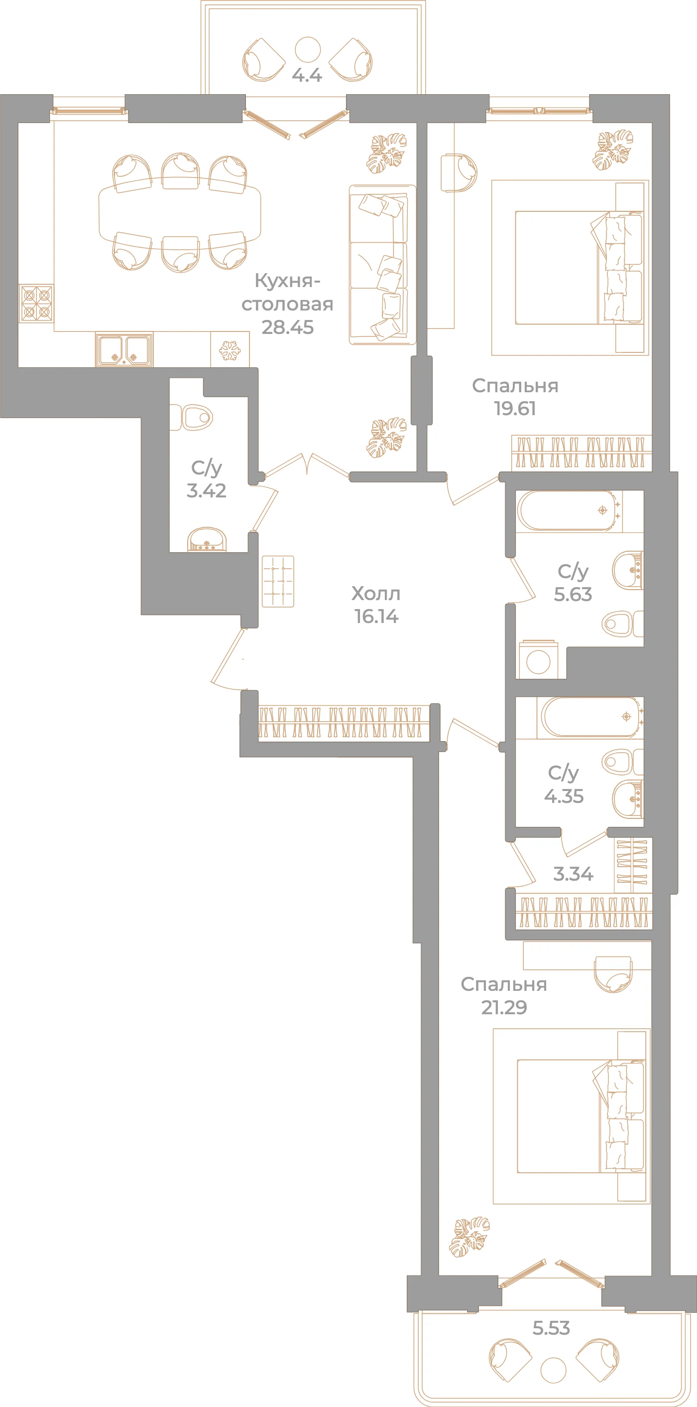 Планировка 2-комнатная 105,2 м² в клубном доме «Фонтанка 130» — Клубный дом «Фонтанка 130»