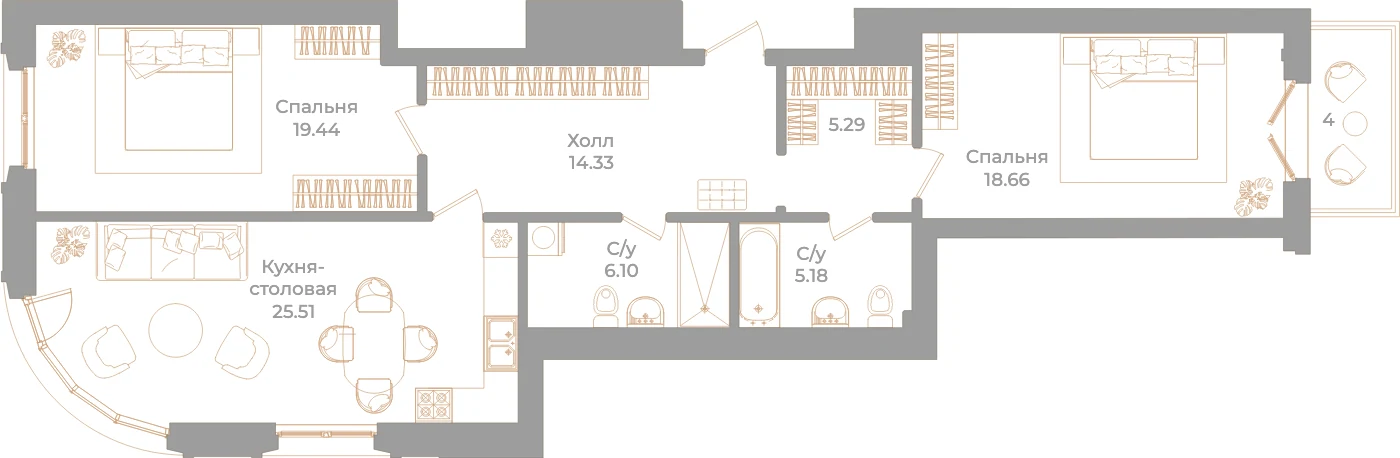 Планировка 2-комнатная 95,7 м² в клубном доме «Фонтанка 130» — Клубный дом «Фонтанка 130»
