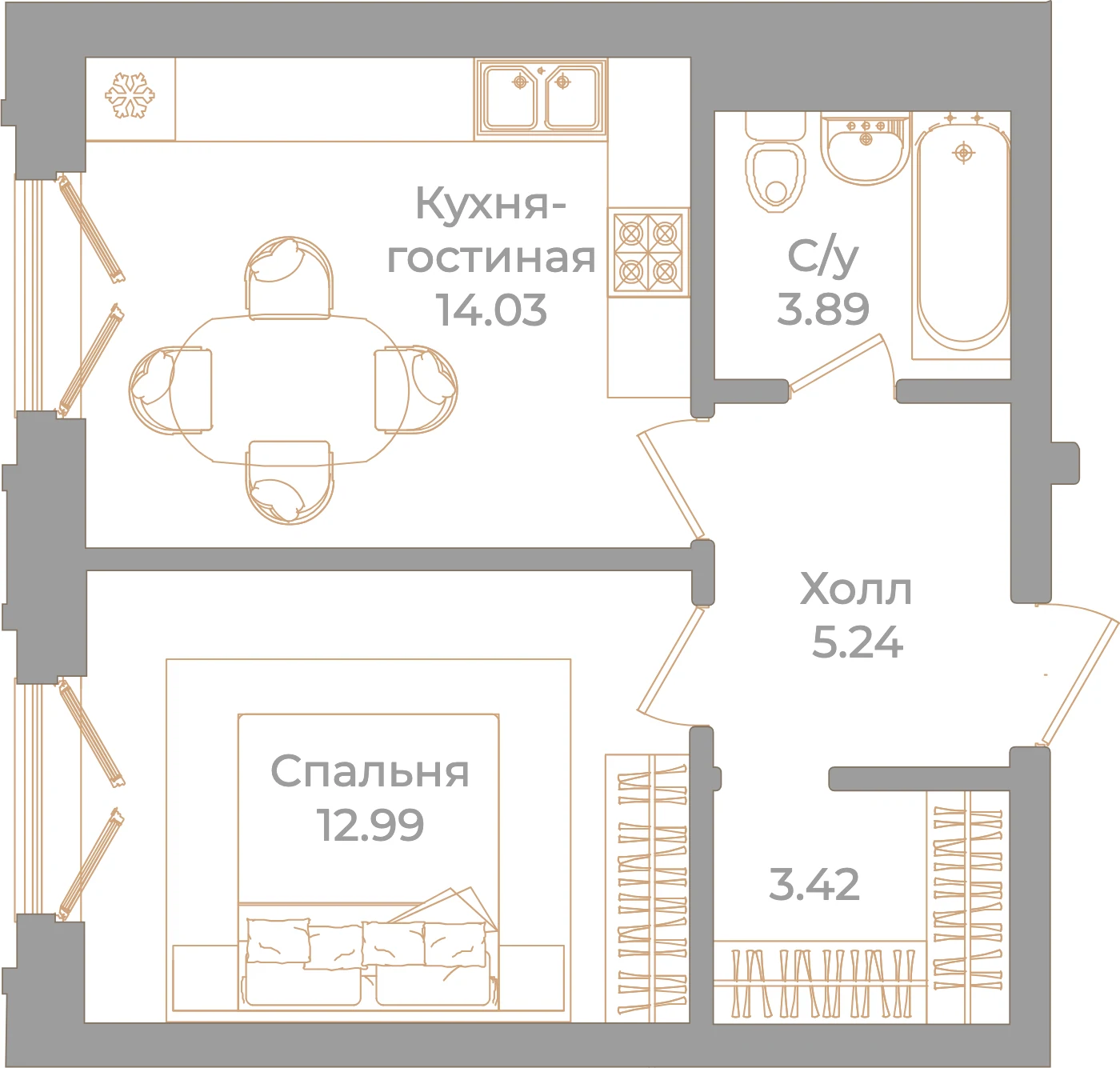 Планировка 1-комнатная 39,6 м² в клубном доме «Фонтанка 130» — Клубный дом «Фонтанка 130»