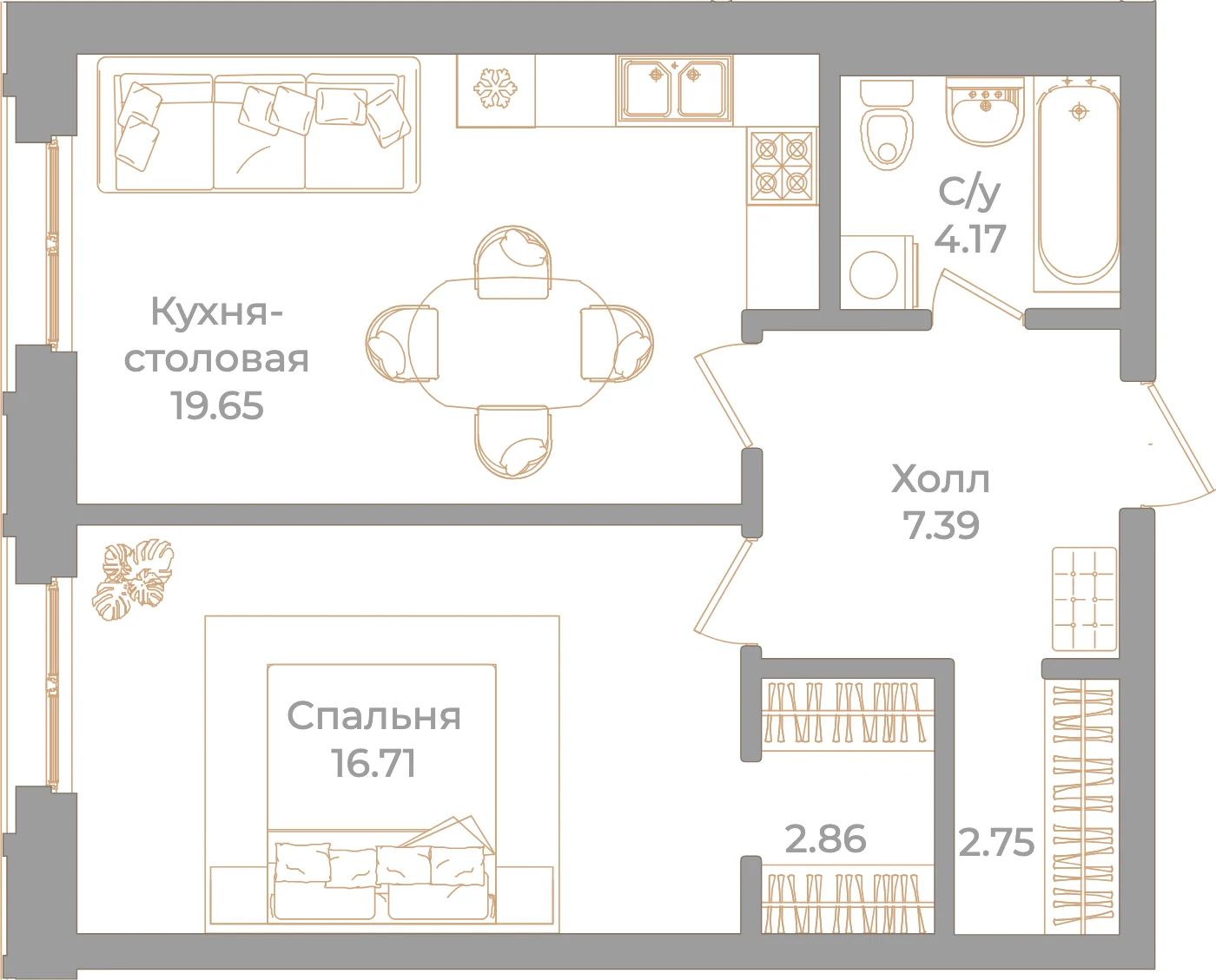 Планировка 1-комнатная 53,5 м² в клубном доме «Фонтанка 130» — Клубный дом «Фонтанка 130»