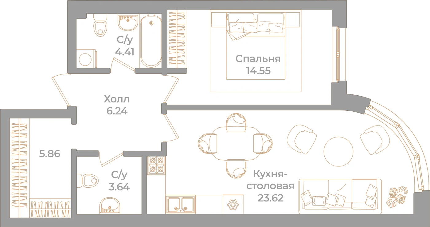 Планировка 1-комнатная 58,3 м² в клубном доме «Фонтанка 130» — Клубный дом «Фонтанка 130»
