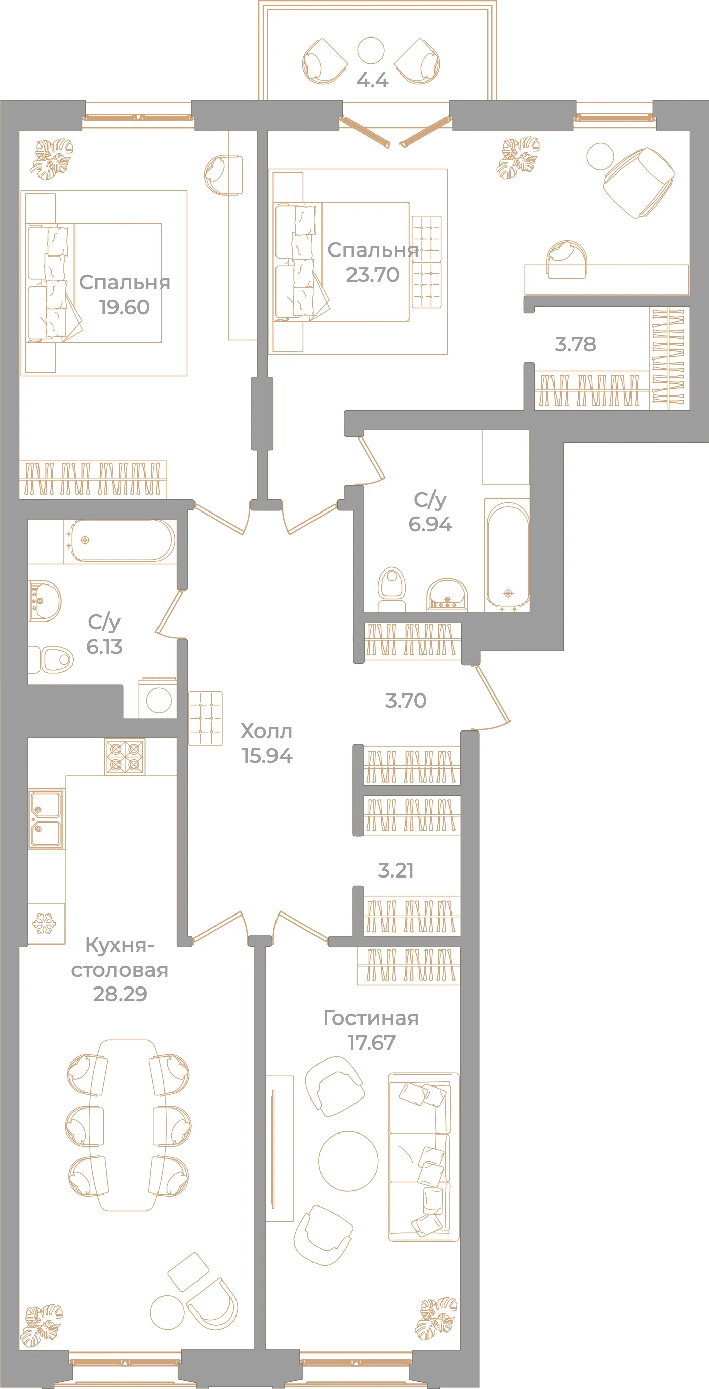 Планировка 3-комнатная 130,3 м² в клубном доме «Фонтанка 130» — Клубный дом «Фонтанка 130»