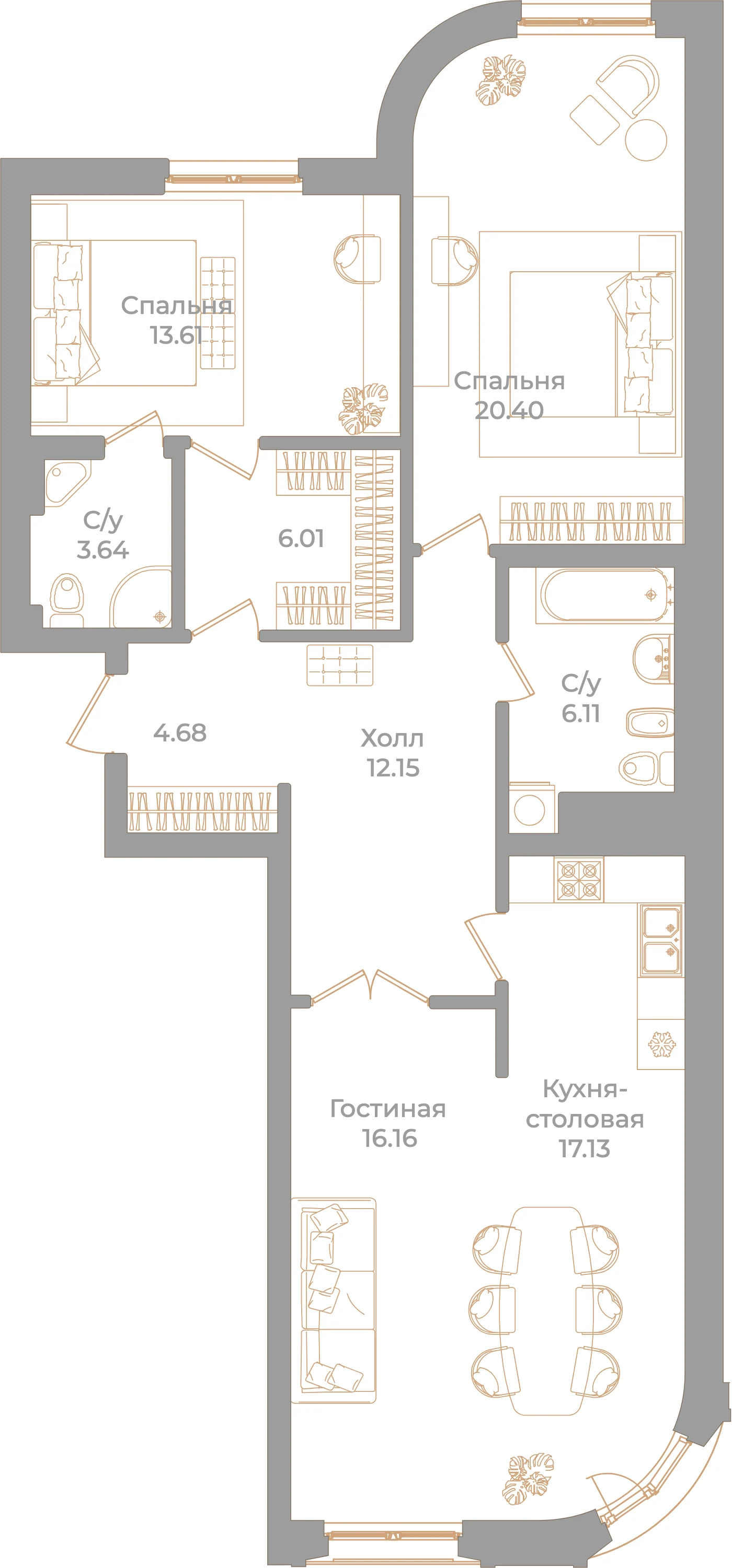 Планировка 3-комнатная 99,7 м² в клубном доме «Фонтанка 130» — Клубный дом «Фонтанка 130»