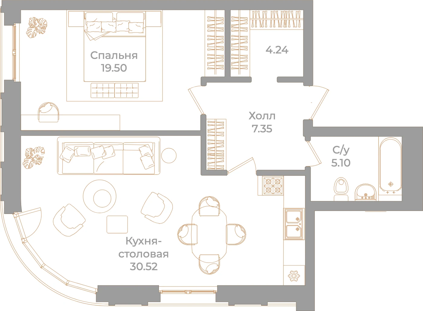 Планировка 1-комнатная 66,7 м² в клубном доме «Фонтанка 130» — Клубный дом «Фонтанка 130»