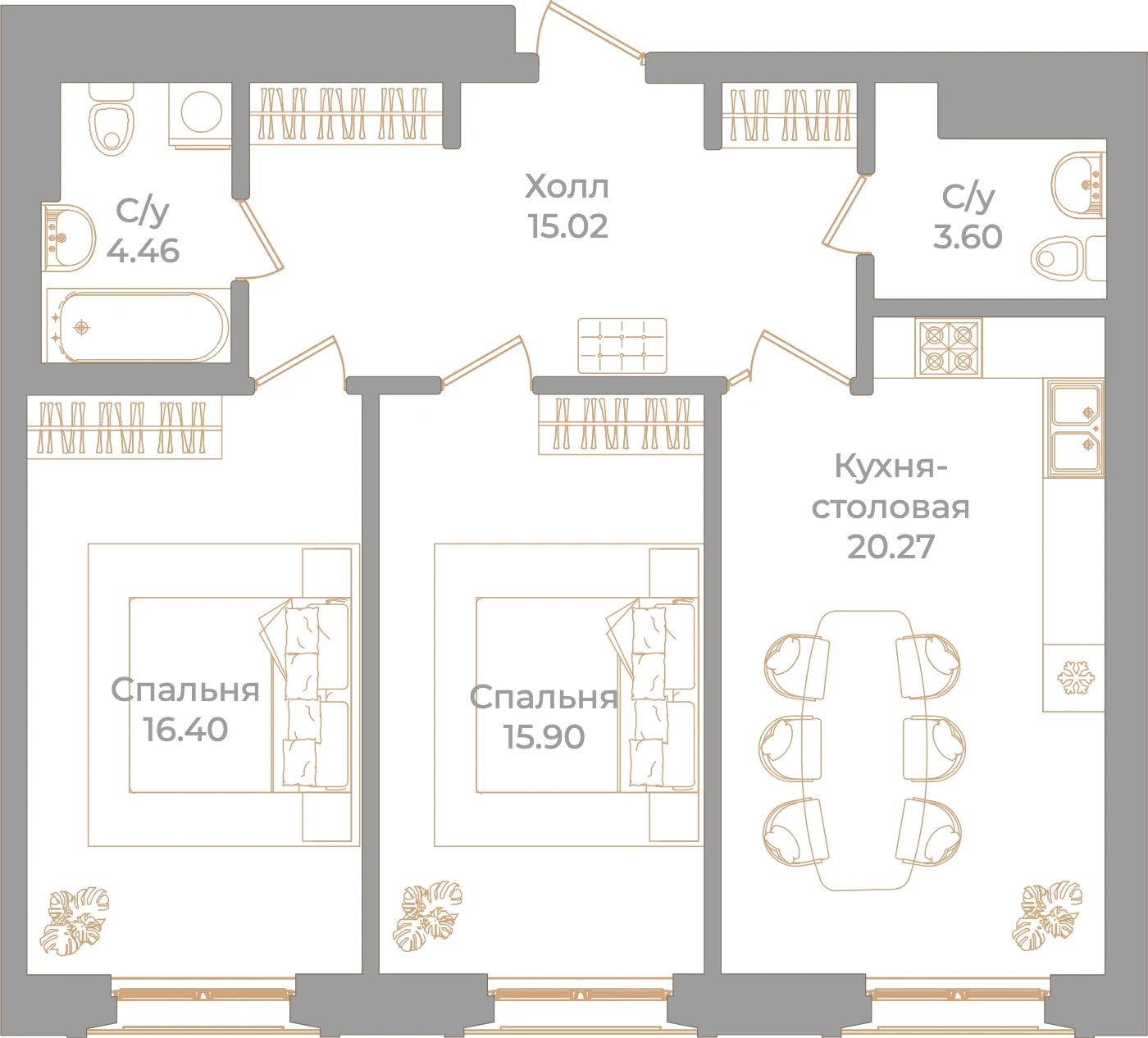 Планировка 2-комнатная 75,7 м² в клубном доме «Фонтанка 130» — Клубный дом «Фонтанка 130»