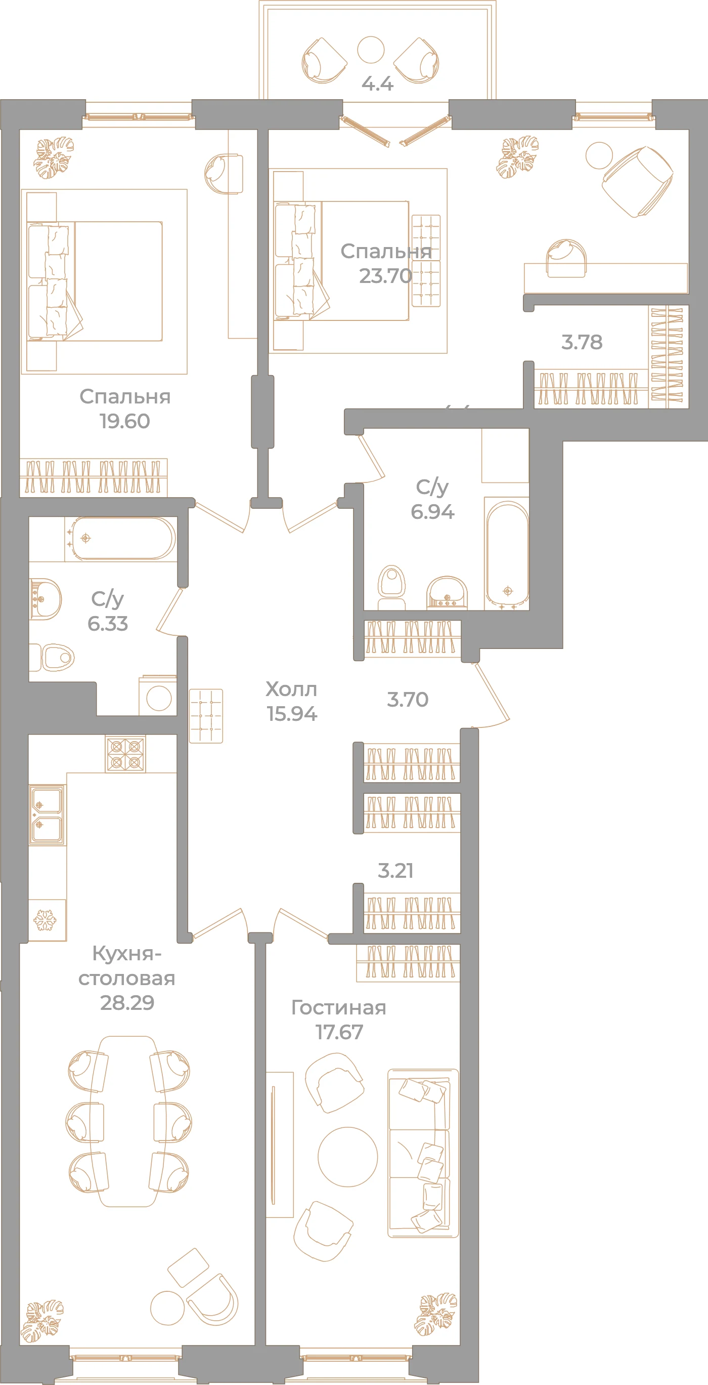 Планировка 3-комнатная 130,5 м² в клубном доме «Фонтанка 130» — Клубный дом «Фонтанка 130»
