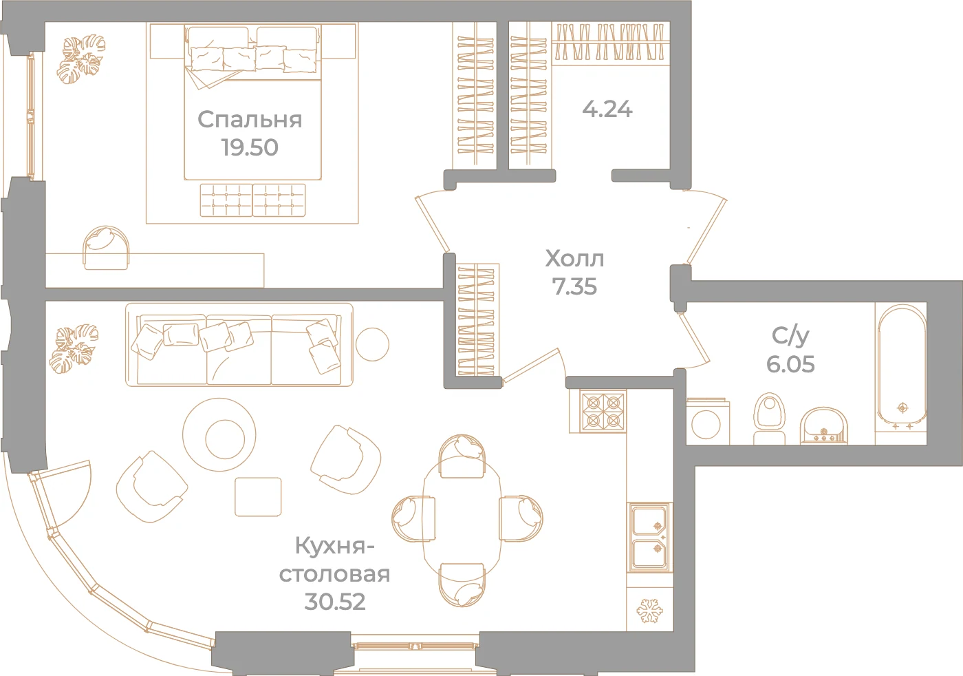 Планировка 1-комнатная 67,7 м² в клубном доме «Фонтанка 130» — Клубный дом «Фонтанка 130»