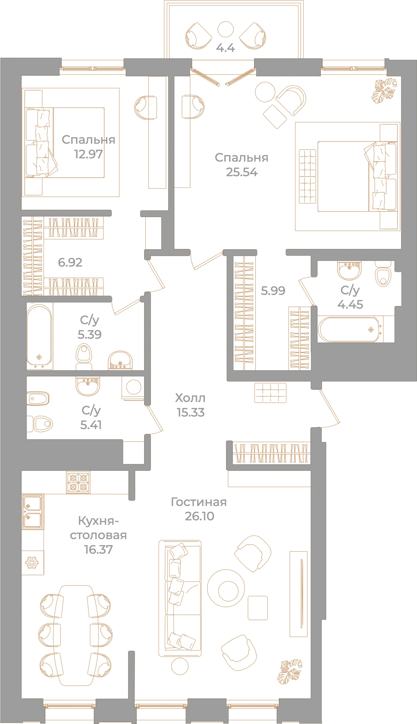 Планировка 3-комнатная 125,8 м² в клубном доме «Фонтанка 130» — Клубный дом «Фонтанка 130»