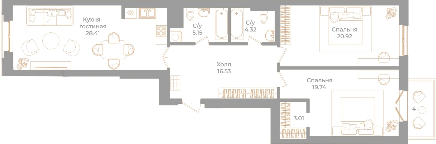 Планировка 2-комнатная 99,3 м² в клубном доме «Фонтанка 130» — Клубный дом «Фонтанка 130»