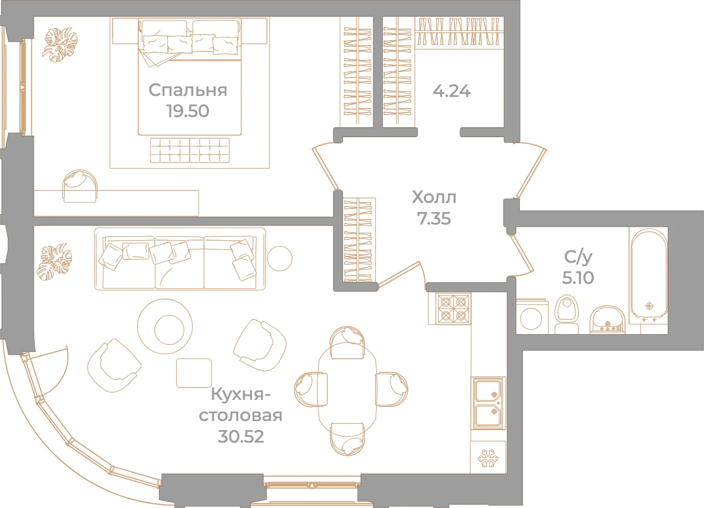 Планировка 1-комнатная 66,7 м² в клубном доме «Фонтанка 130» — Клубный дом «Фонтанка 130»