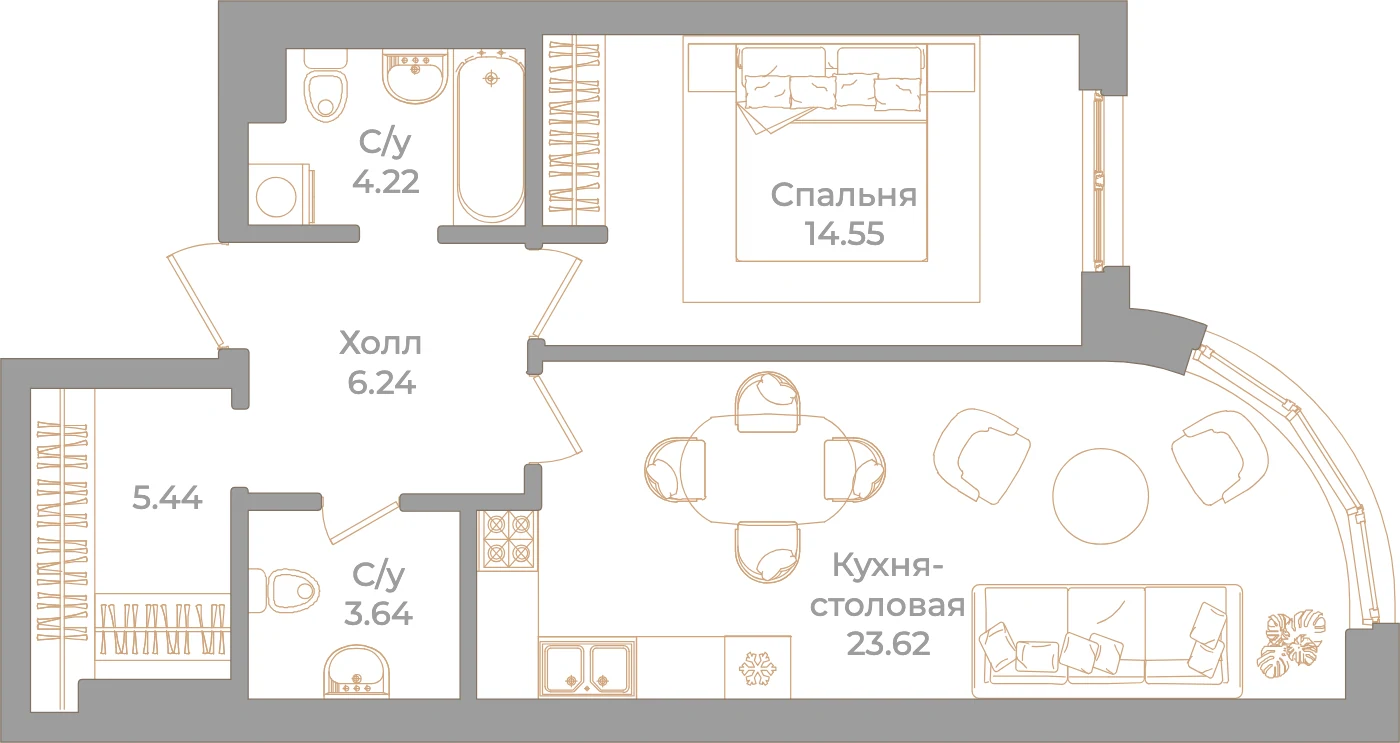 Планировка 1-комнатная 57,7 м² в клубном доме «Фонтанка 130» — Клубный дом «Фонтанка 130»
