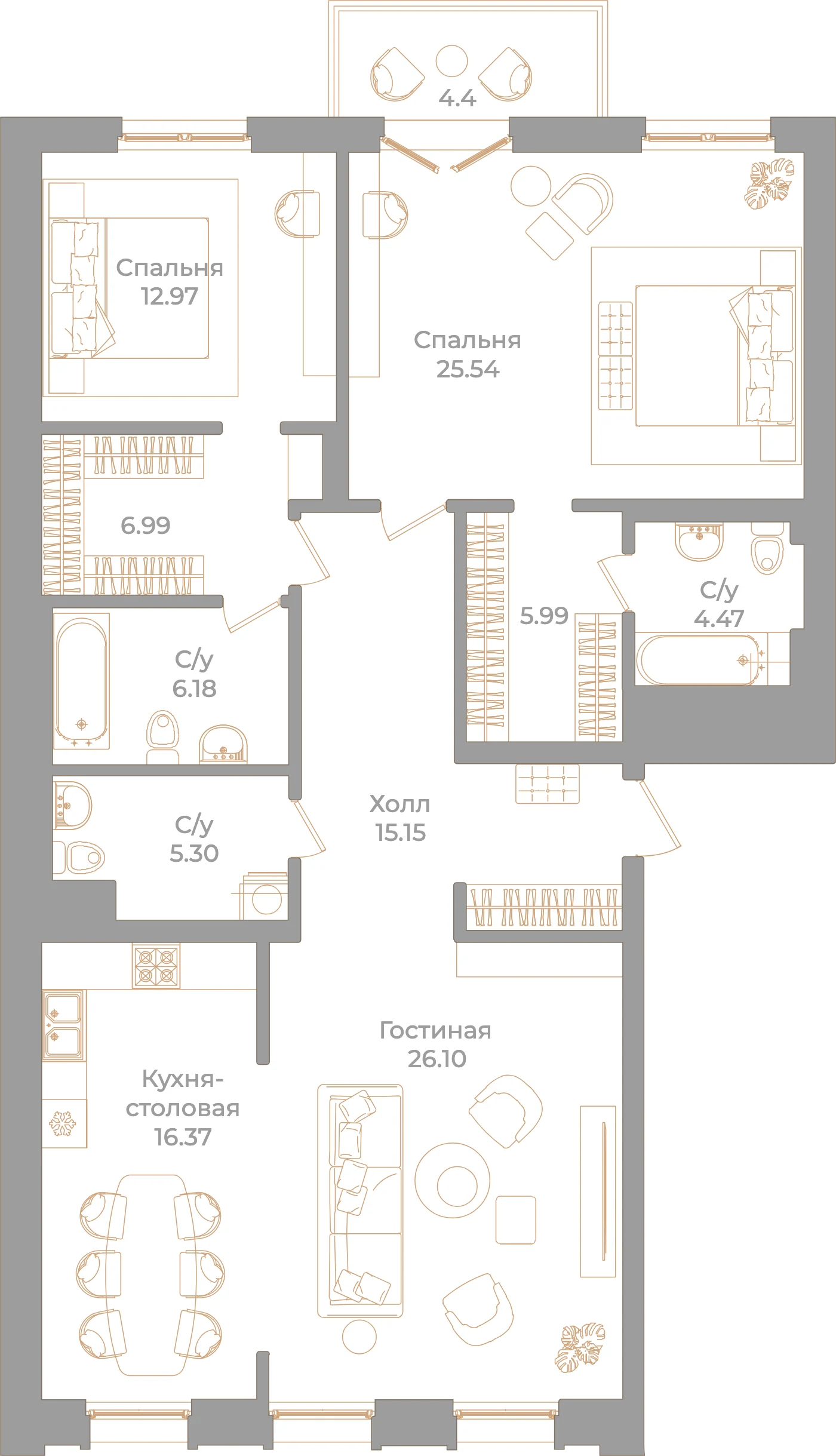Планировка 3-комнатная 126,4 м² в клубном доме «Фонтанка 130» — Клубный дом «Фонтанка 130»