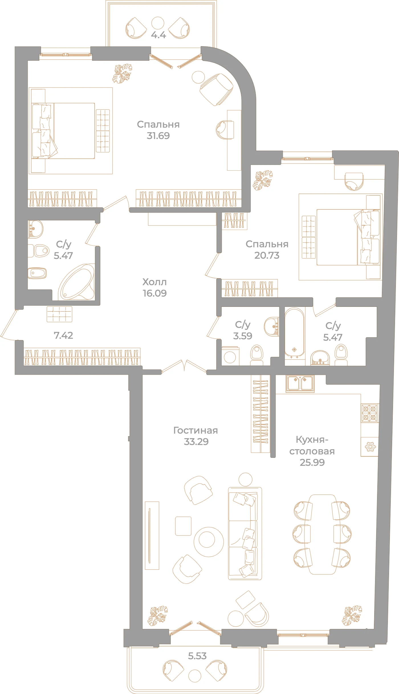 Планировка 3-комнатная 152,7 м² в клубном доме «Фонтанка 130» — Клубный дом «Фонтанка 130»
