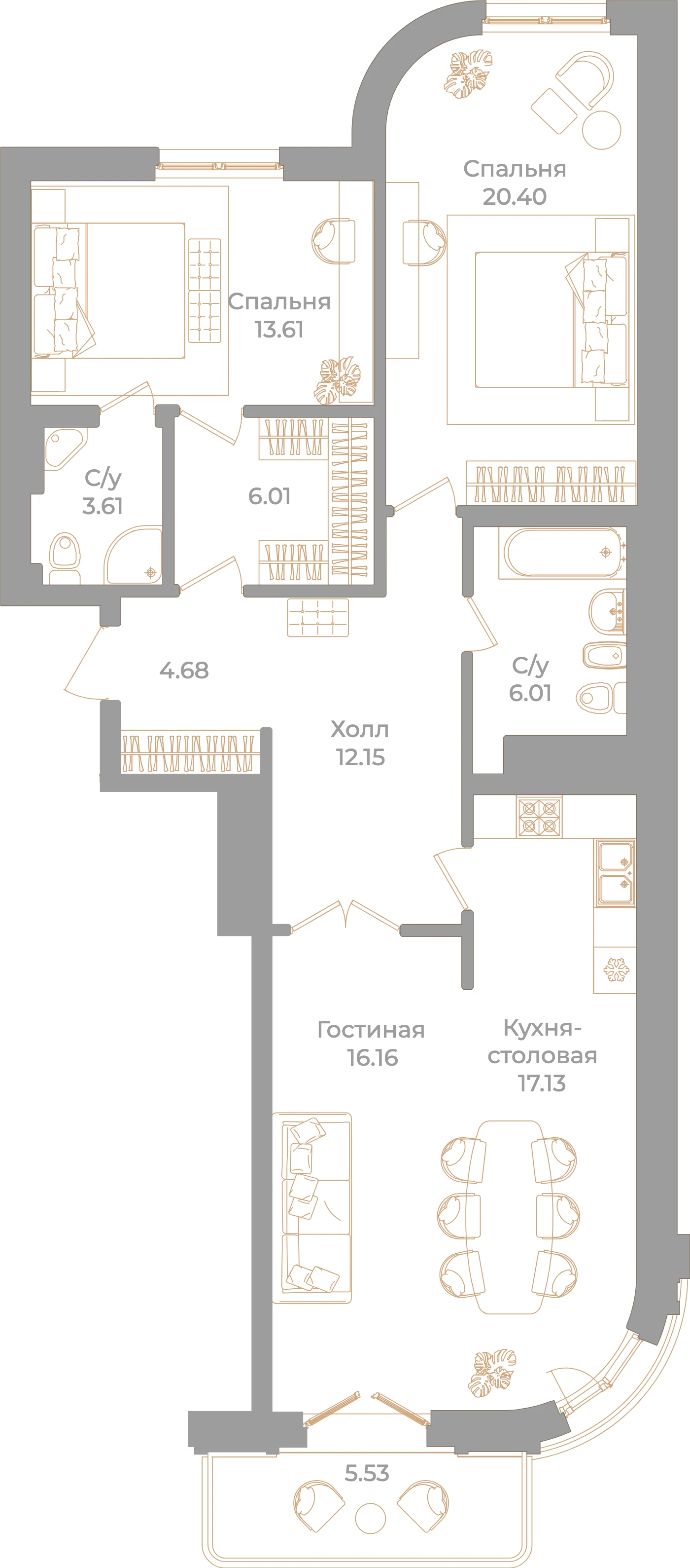 Планировка 3-комнатная 101,3 м² в клубном доме «Фонтанка 130» — Клубный дом «Фонтанка 130»
