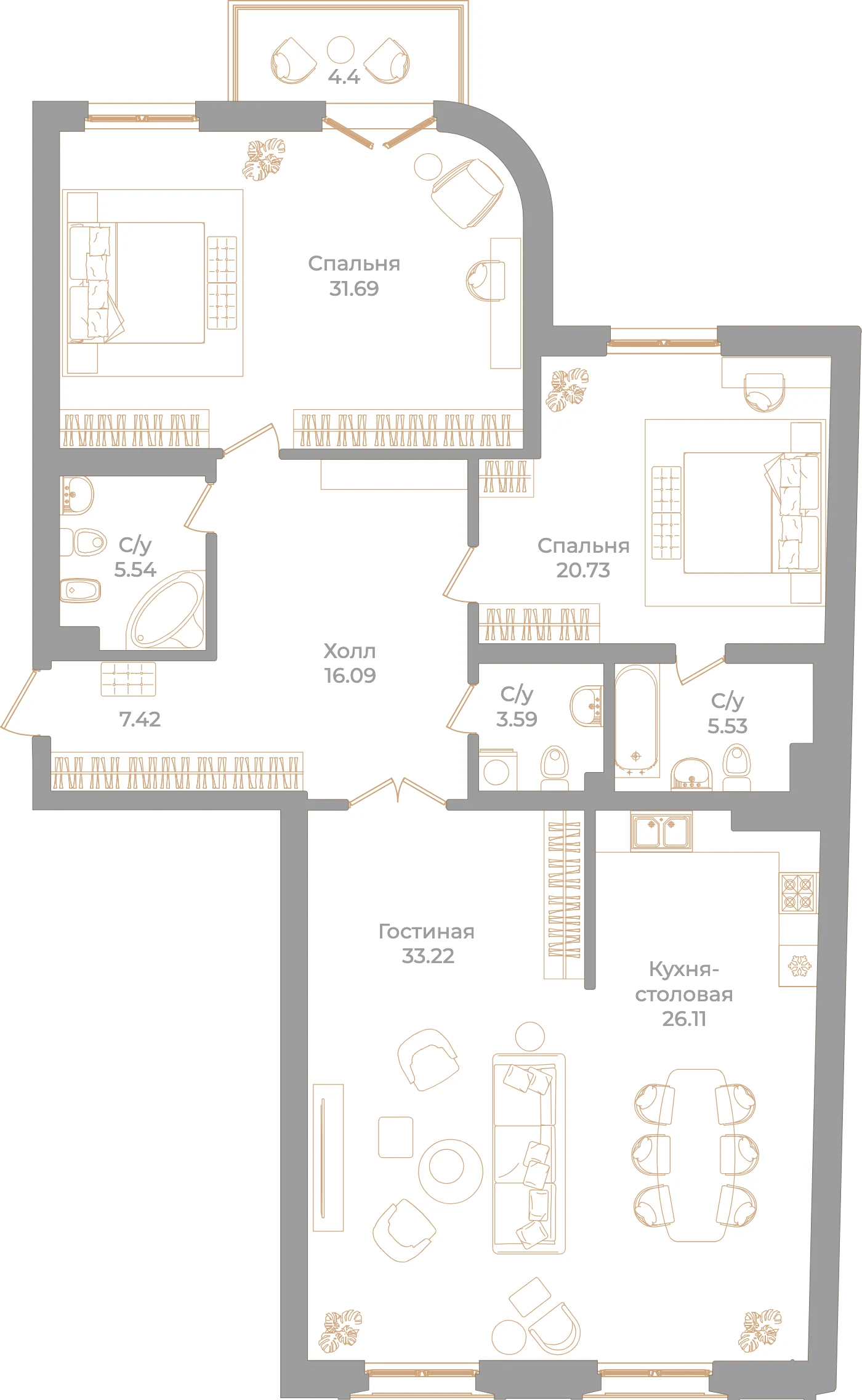 Планировка 3-комнатная 151,2 м² в клубном доме «Фонтанка 130» — Клубный дом «Фонтанка 130»