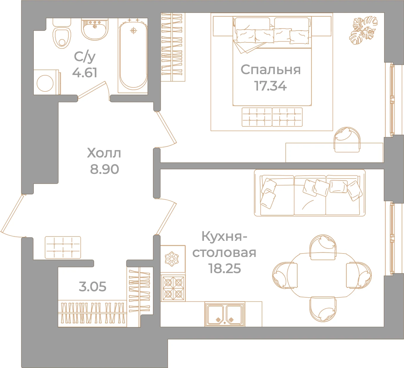 Планировка 1-комнатная 52,1 м² в клубном доме «Фонтанка 130» — Клубный дом «Фонтанка 130»